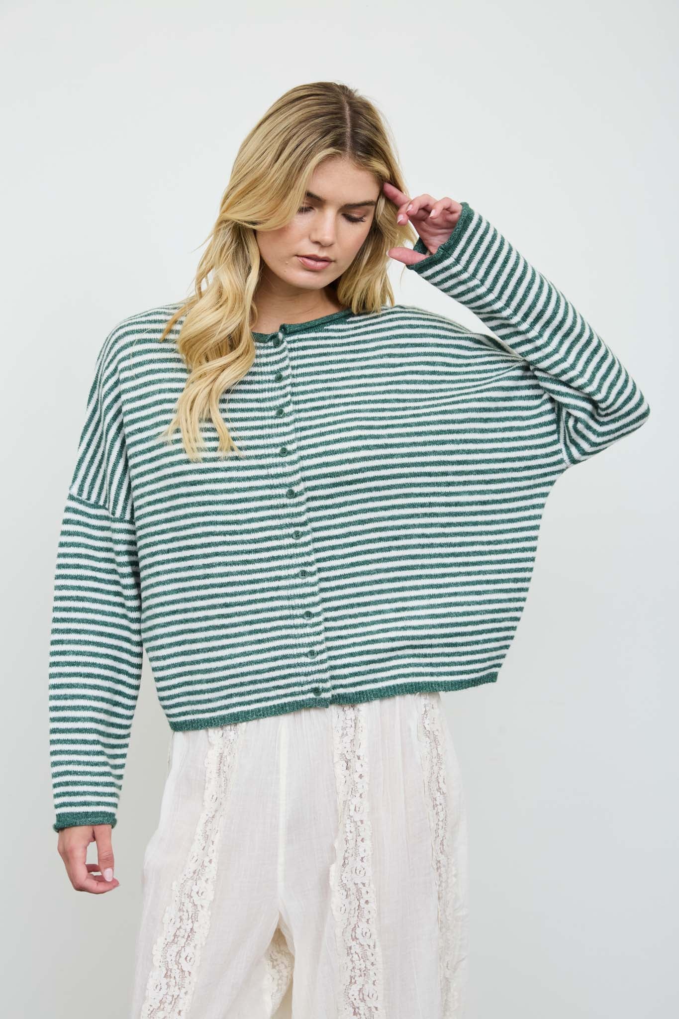 STRIPE RAW EDGE DROP SHOULDER KNIT CARDIGAN
