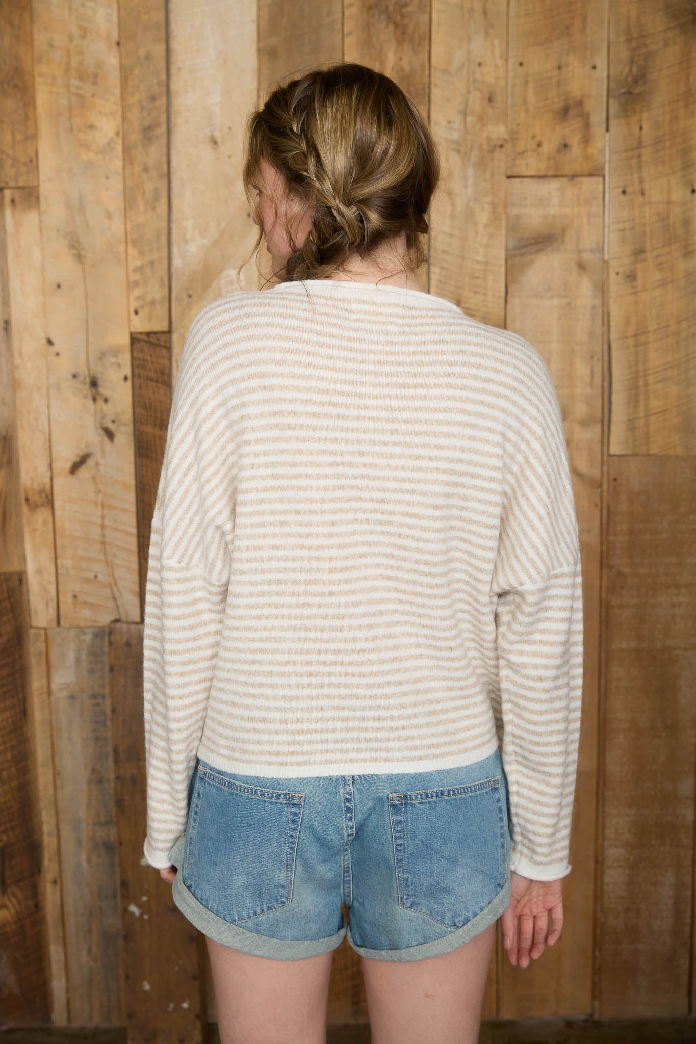 STRIPE RAW EDGE DROP SHOULDER KNIT CARDIGAN