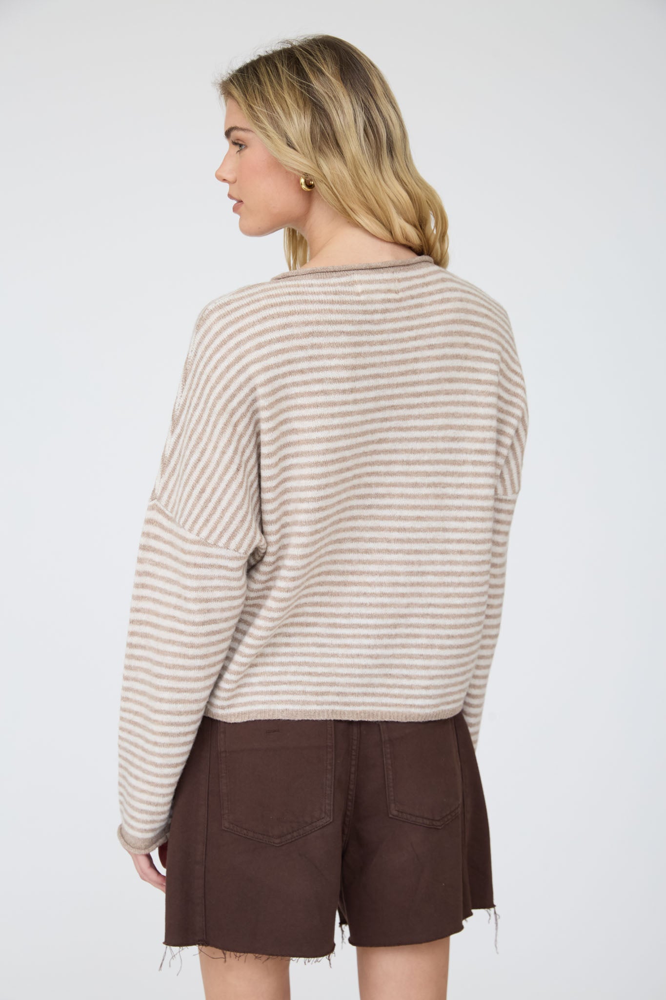 STRIPE RAW EDGE DROP SHOULDER KNIT CARDIGAN