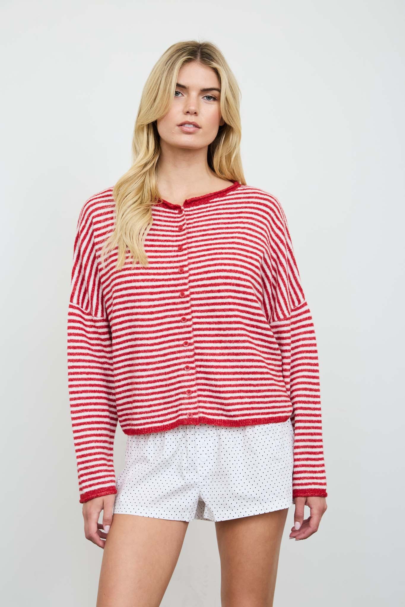 STRIPE RAW EDGE DROP SHOULDER KNIT CARDIGAN