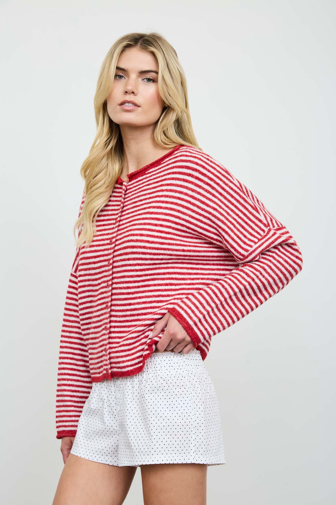 STRIPE RAW EDGE DROP SHOULDER KNIT CARDIGAN