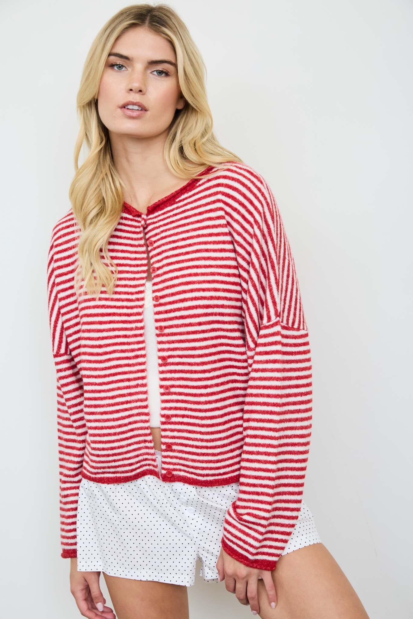 STRIPE RAW EDGE DROP SHOULDER KNIT CARDIGAN