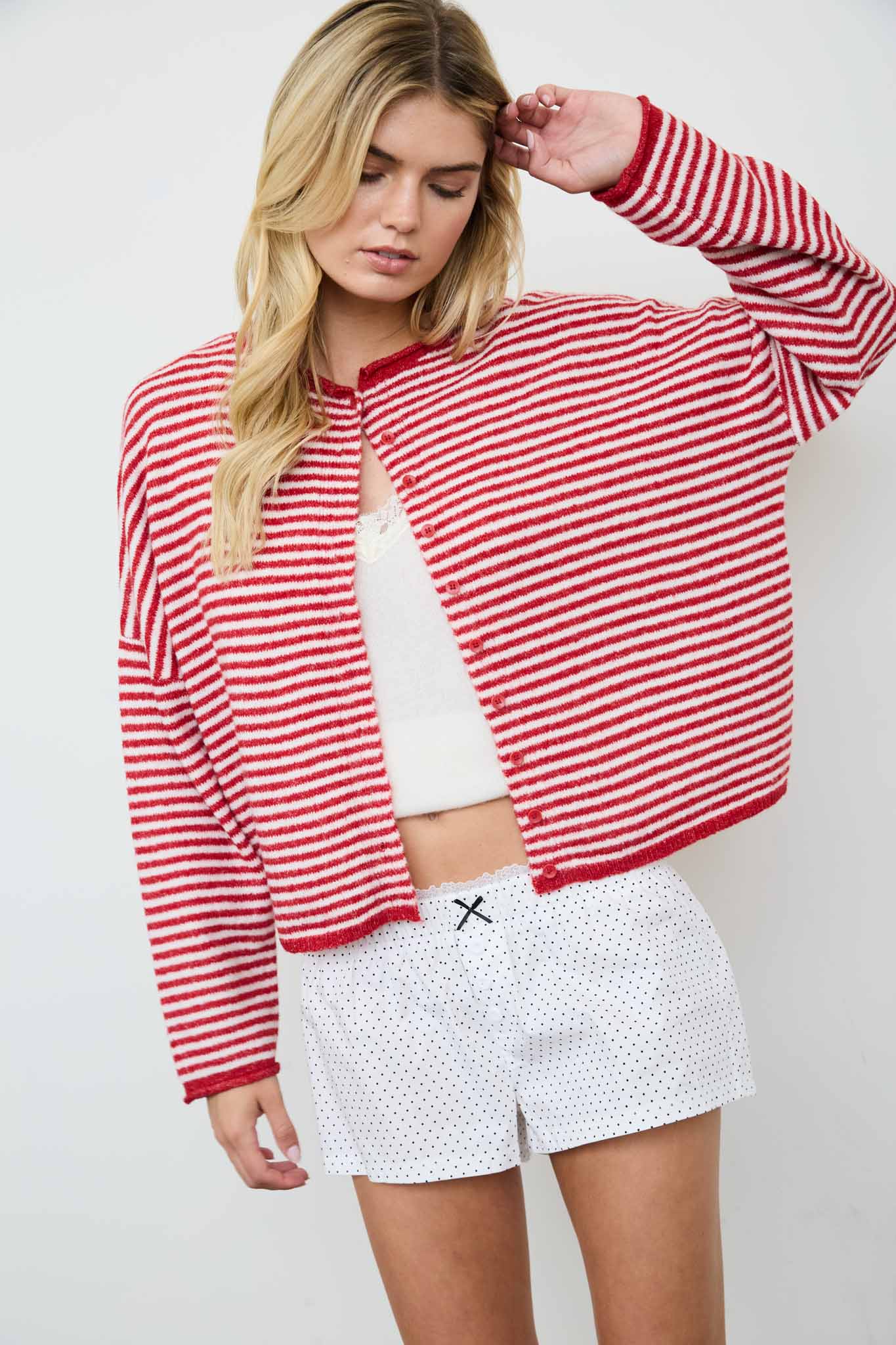 STRIPE RAW EDGE DROP SHOULDER KNIT CARDIGAN