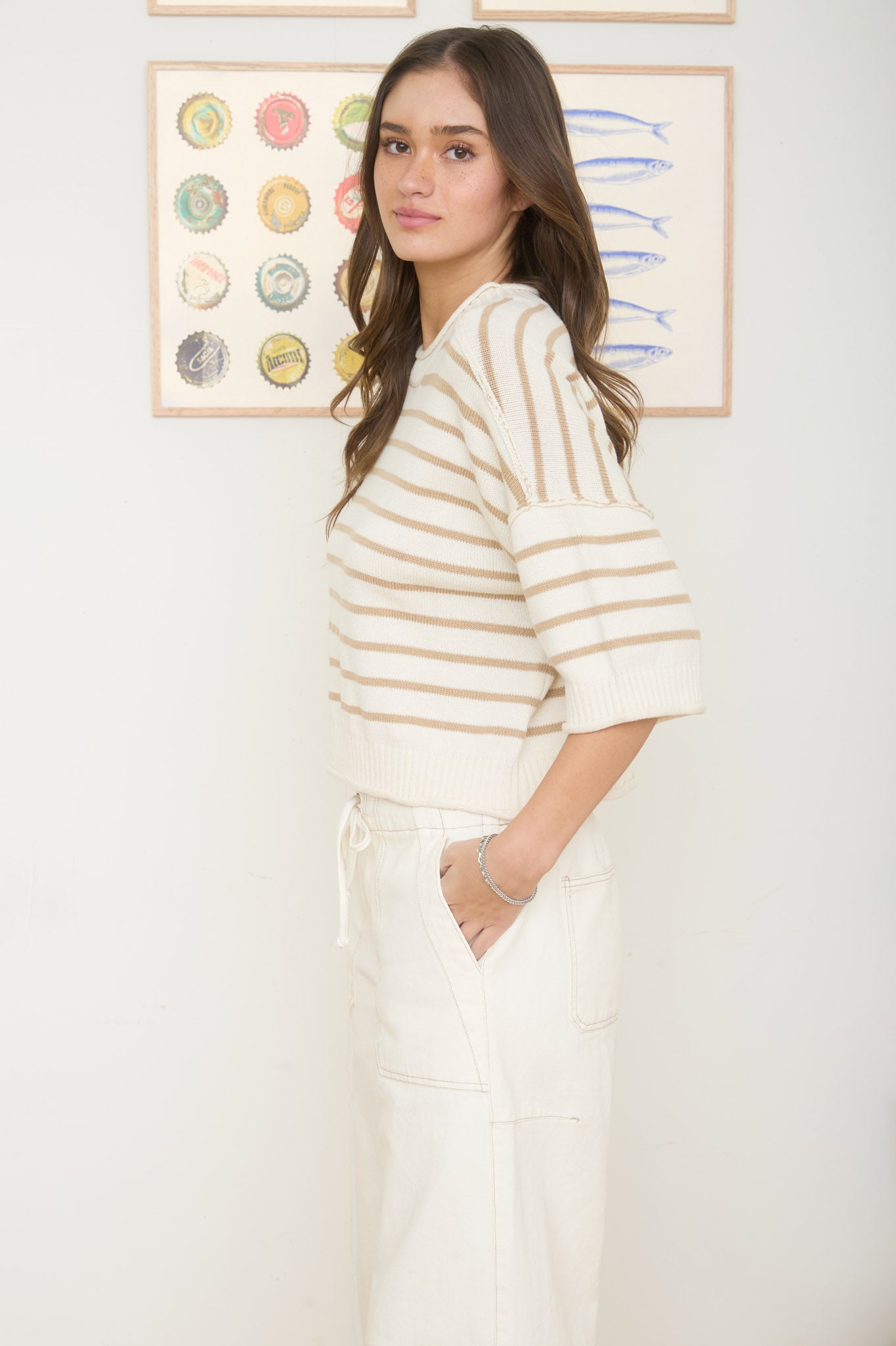 STRIPE RAW EDGE DROP SHOULDER SHORT SLEEVE SWEATER (PRE-ORDER)