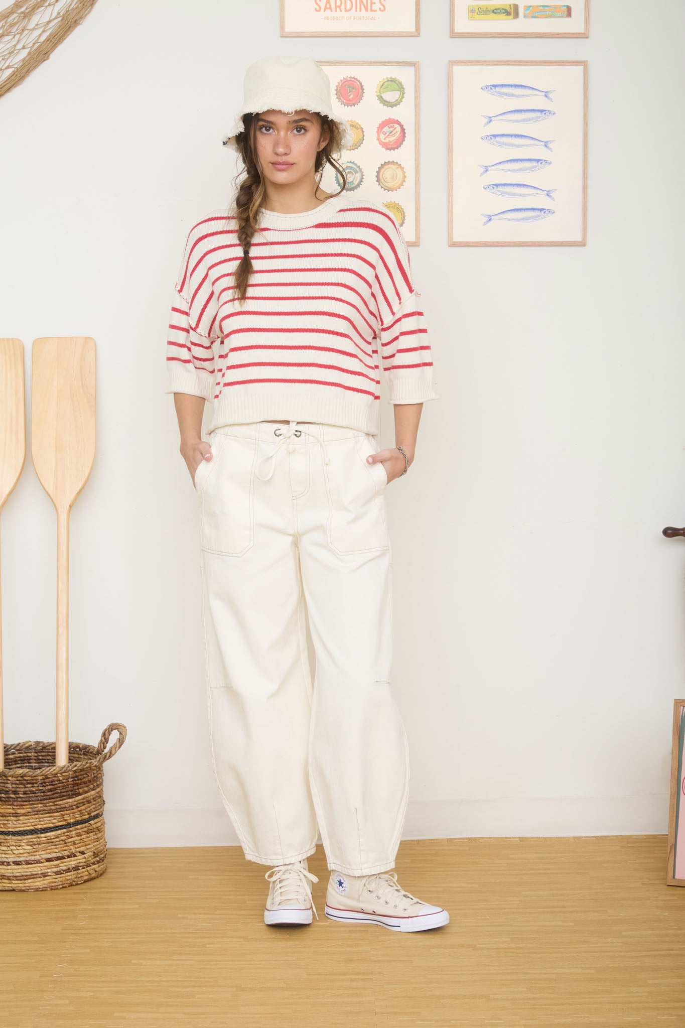 STRIPE RAW EDGE DROP SHOULDER SHORT SLEEVE SWEATER (PRE-ORDER)