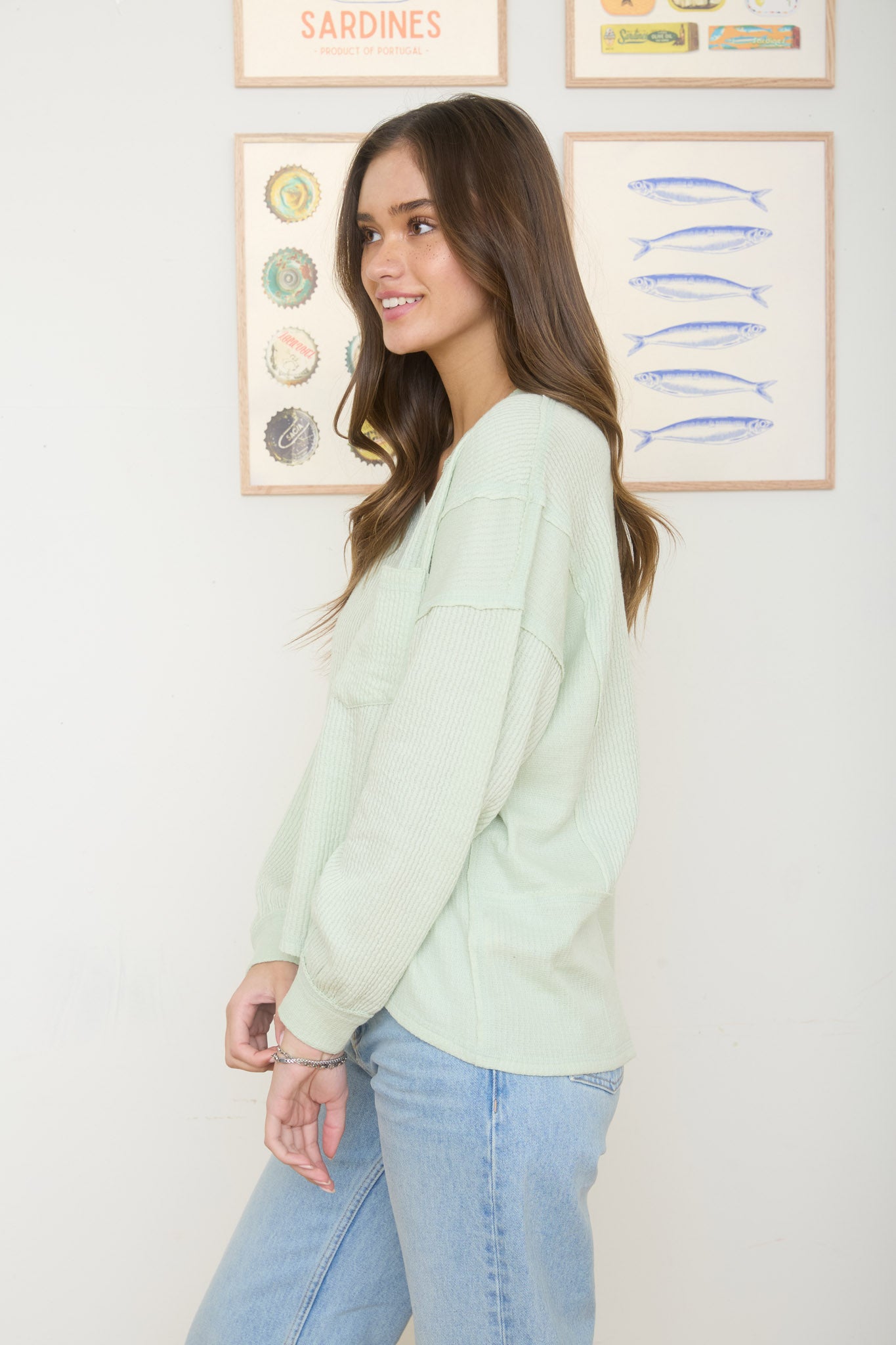 SPLIT NECK RAW EDGE LONG SLEEVE RIBBED KNIT TOP (PRE-ORDER)