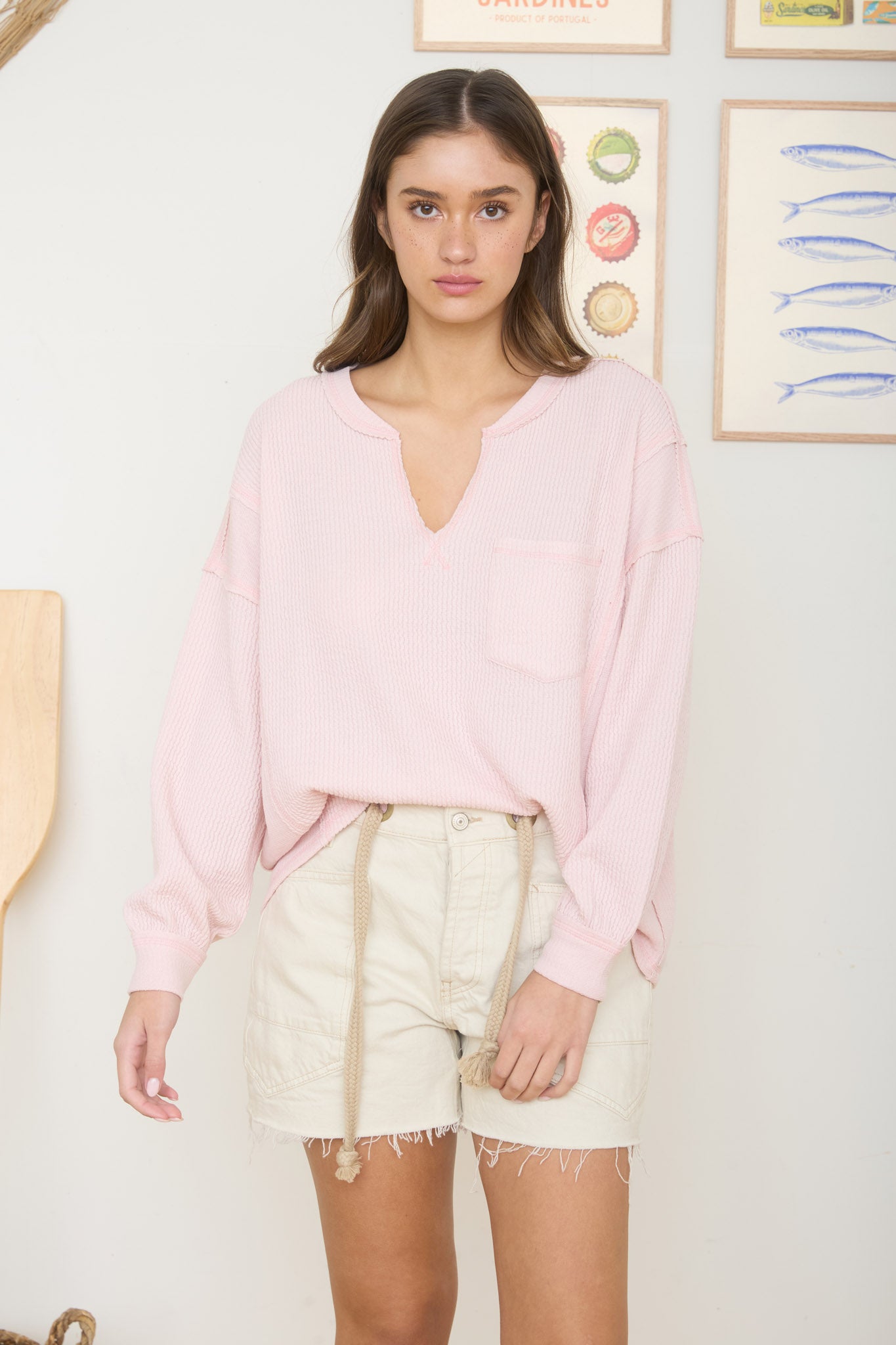 SPLIT NECK RAW EDGE LONG SLEEVE RIBBED KNIT TOP (PRE-ORDER)