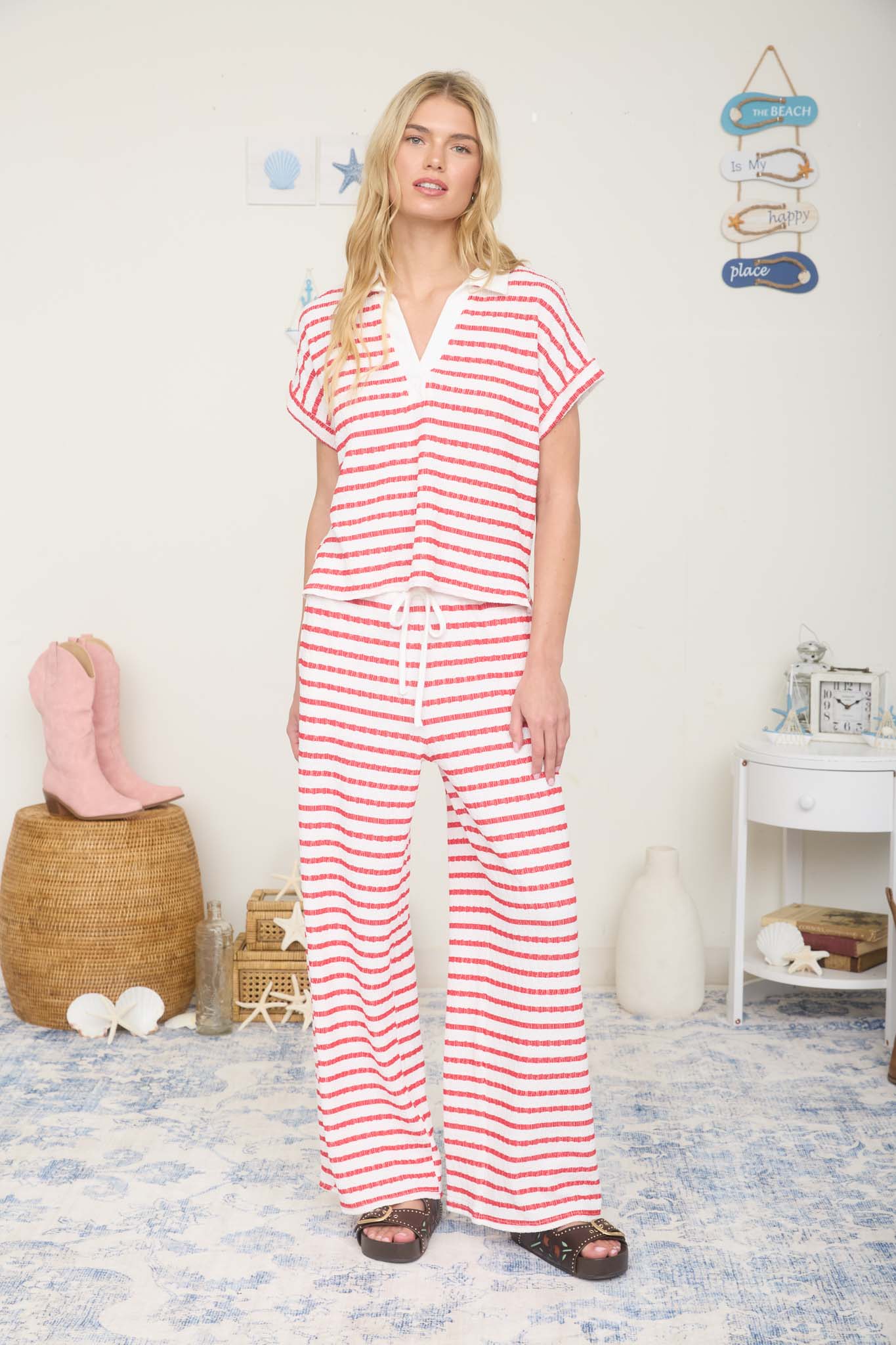 TEXTURED STRIPE COLLARED SHORT SLEEVE KNIT TOP