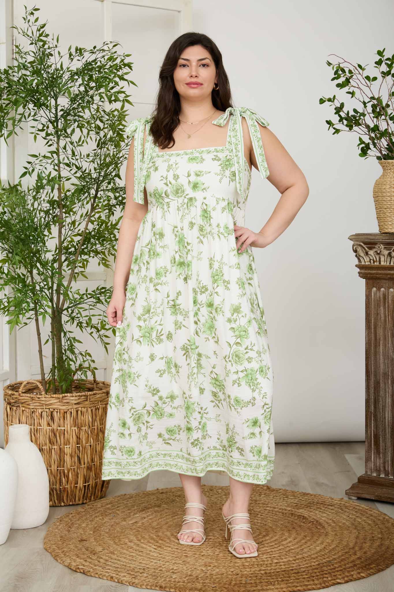 PLUS FLORAL BORDER EMPIRE WAIST MIDI DRESS (PRE-ORDER)