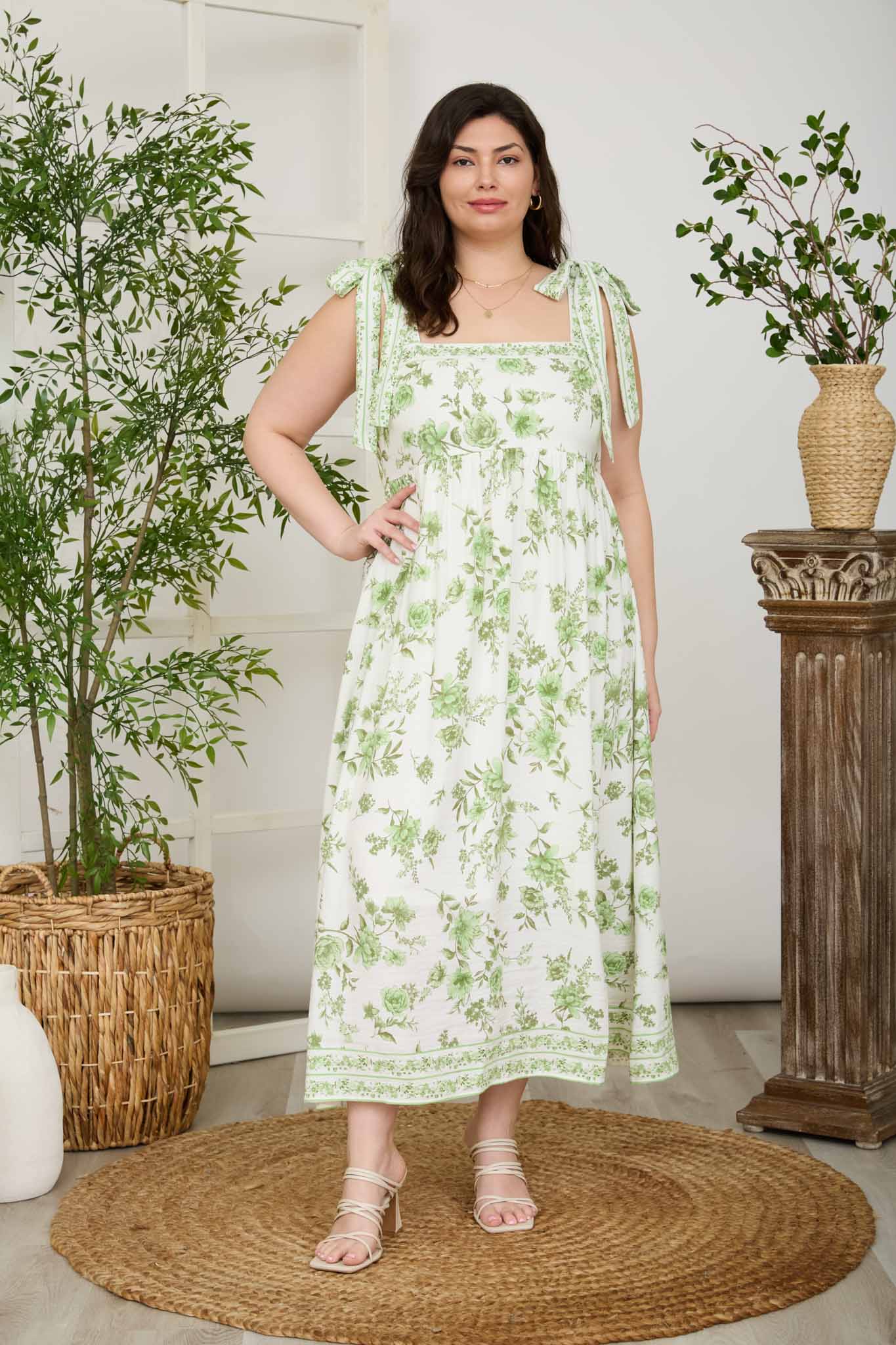 PLUS FLORAL BORDER EMPIRE WAIST MIDI DRESS (PRE-ORDER)