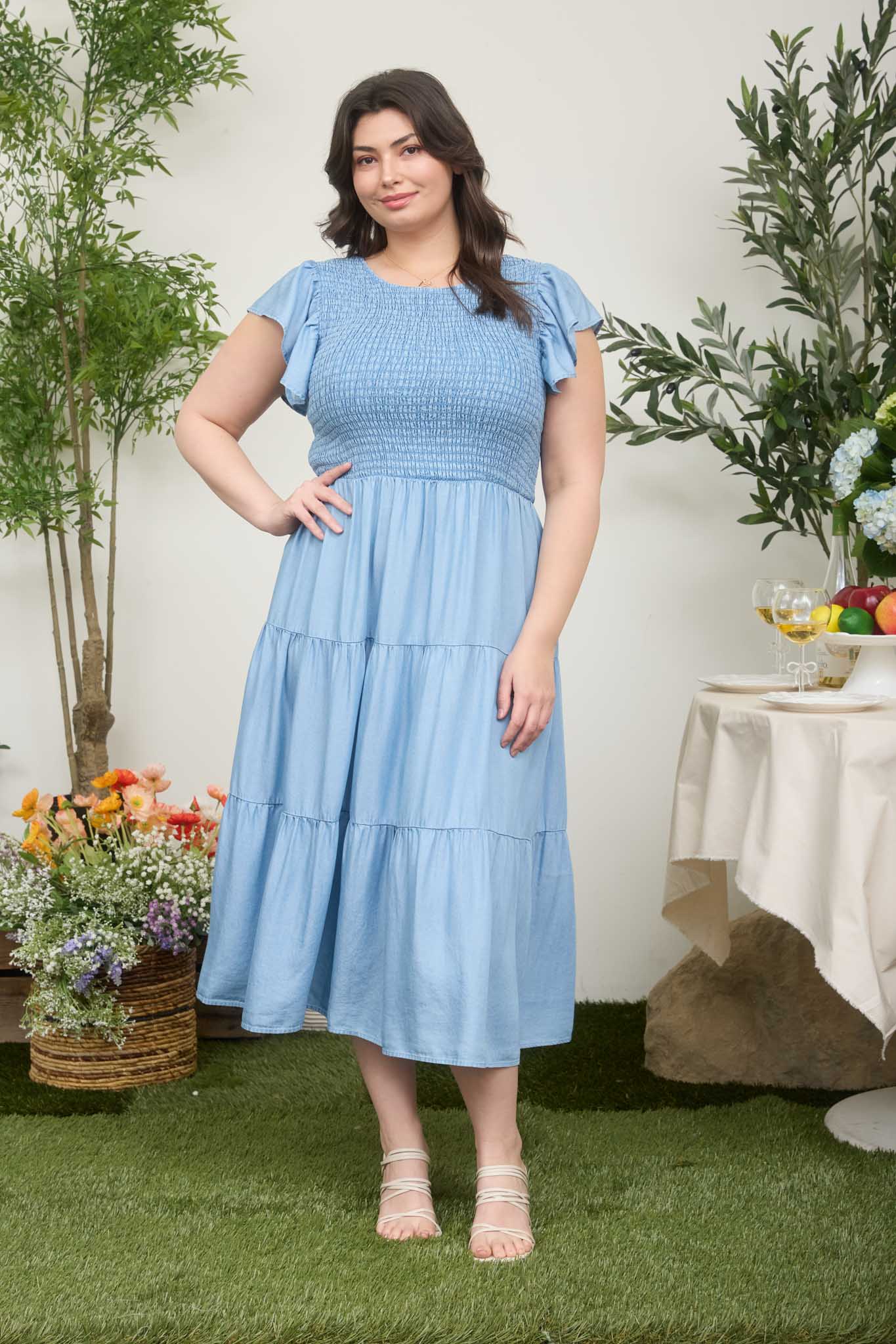 PLUS CHAMBRAY SMOCKED TIERED MIDI DRESS