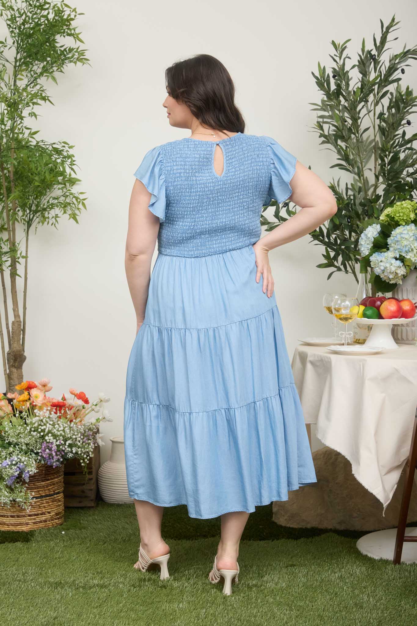 PLUS CHAMBRAY SMOCKED TIERED MIDI DRESS