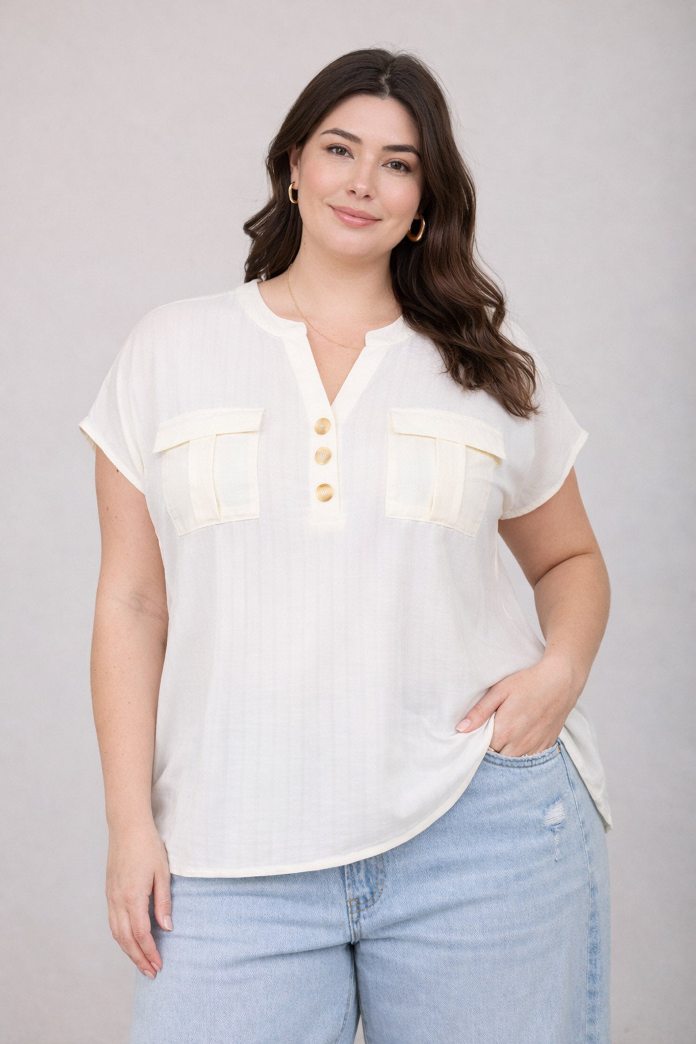 PLUS STRIPE POCKET DETAIL HALF BUTTON DOWN TOP