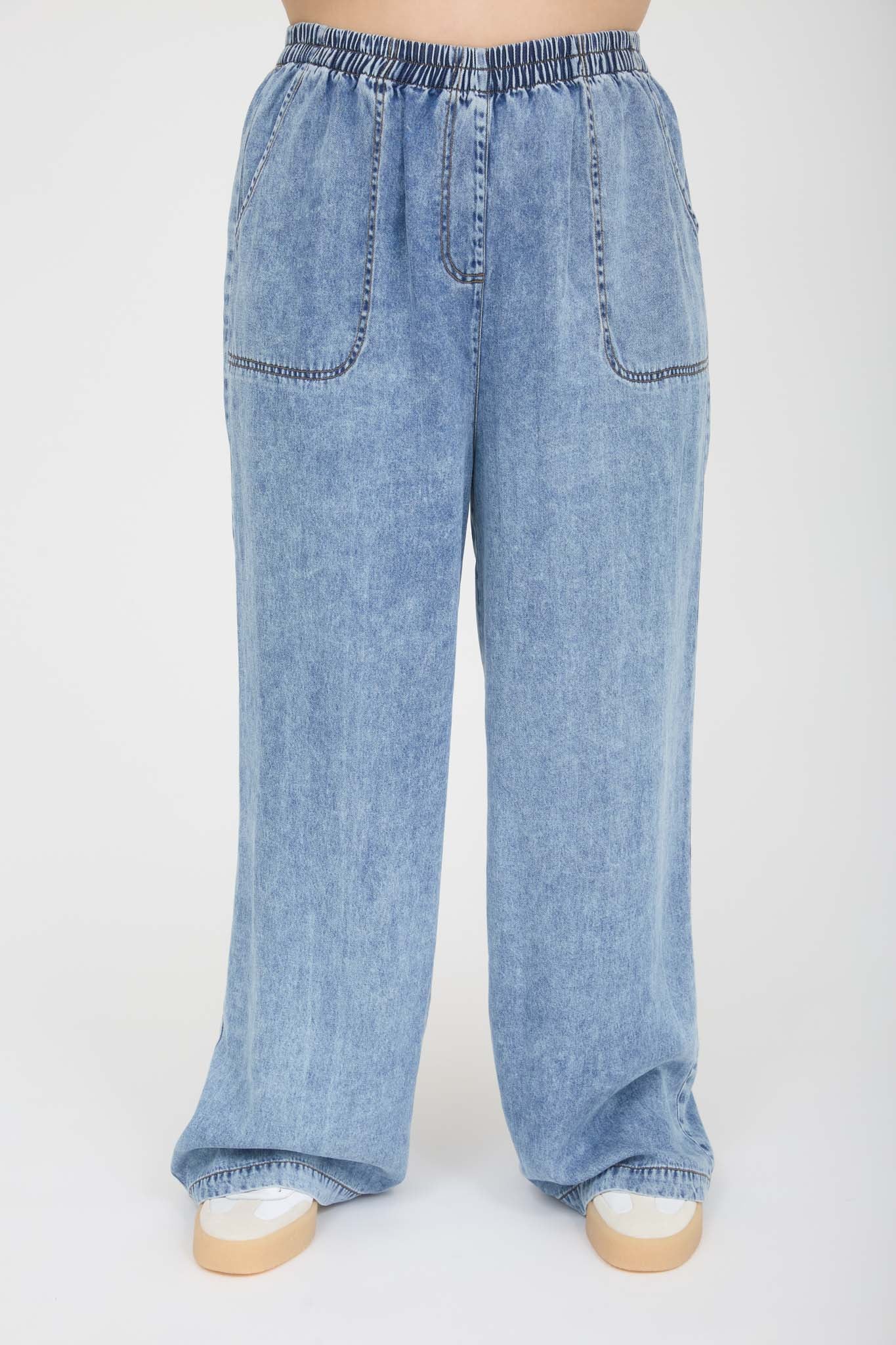 PLUS WASHED CHAMBRAY ELASTIC WAIST WIDE LEG PANTS