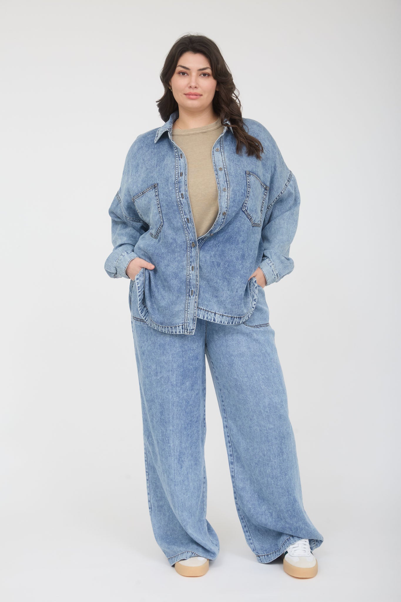 PLUS WASHED CHAMBRAY ELASTIC WAIST WIDE LEG PANTS