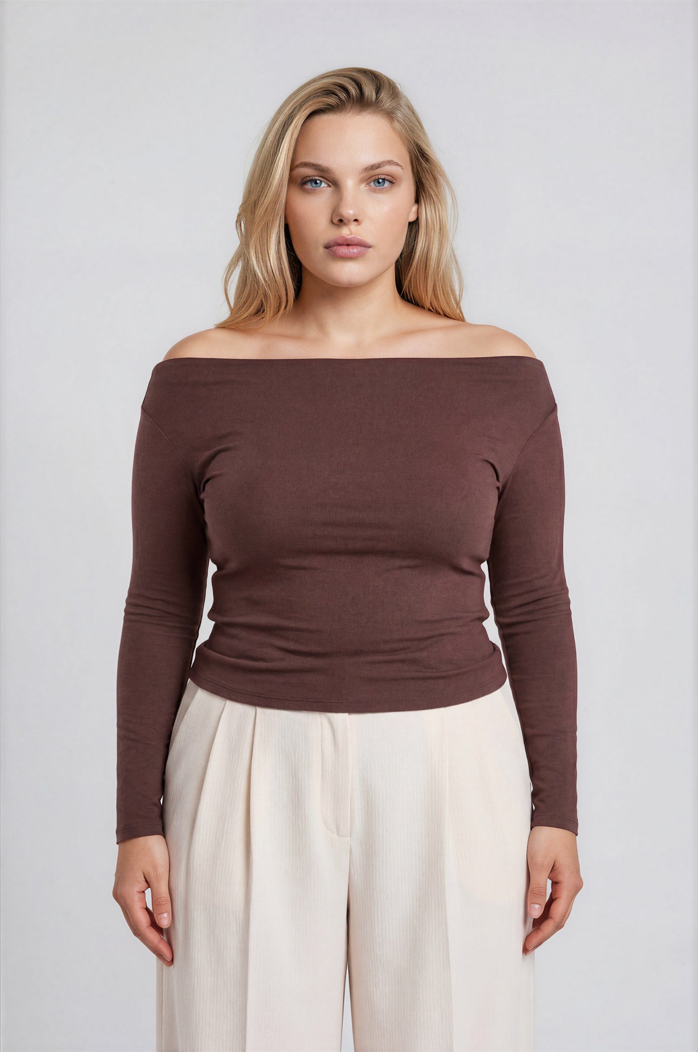 PLUS BOAT NECK PINTUCK DETAIL LONG SLEEVE KNIT TOP