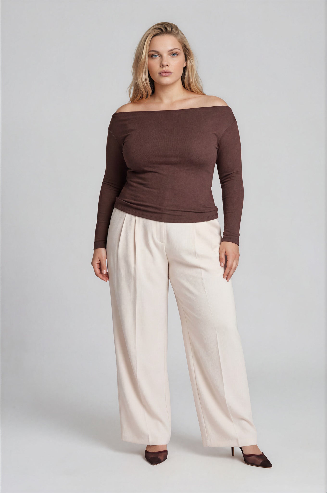 PLUS BOAT NECK PINTUCK DETAIL LONG SLEEVE KNIT TOP