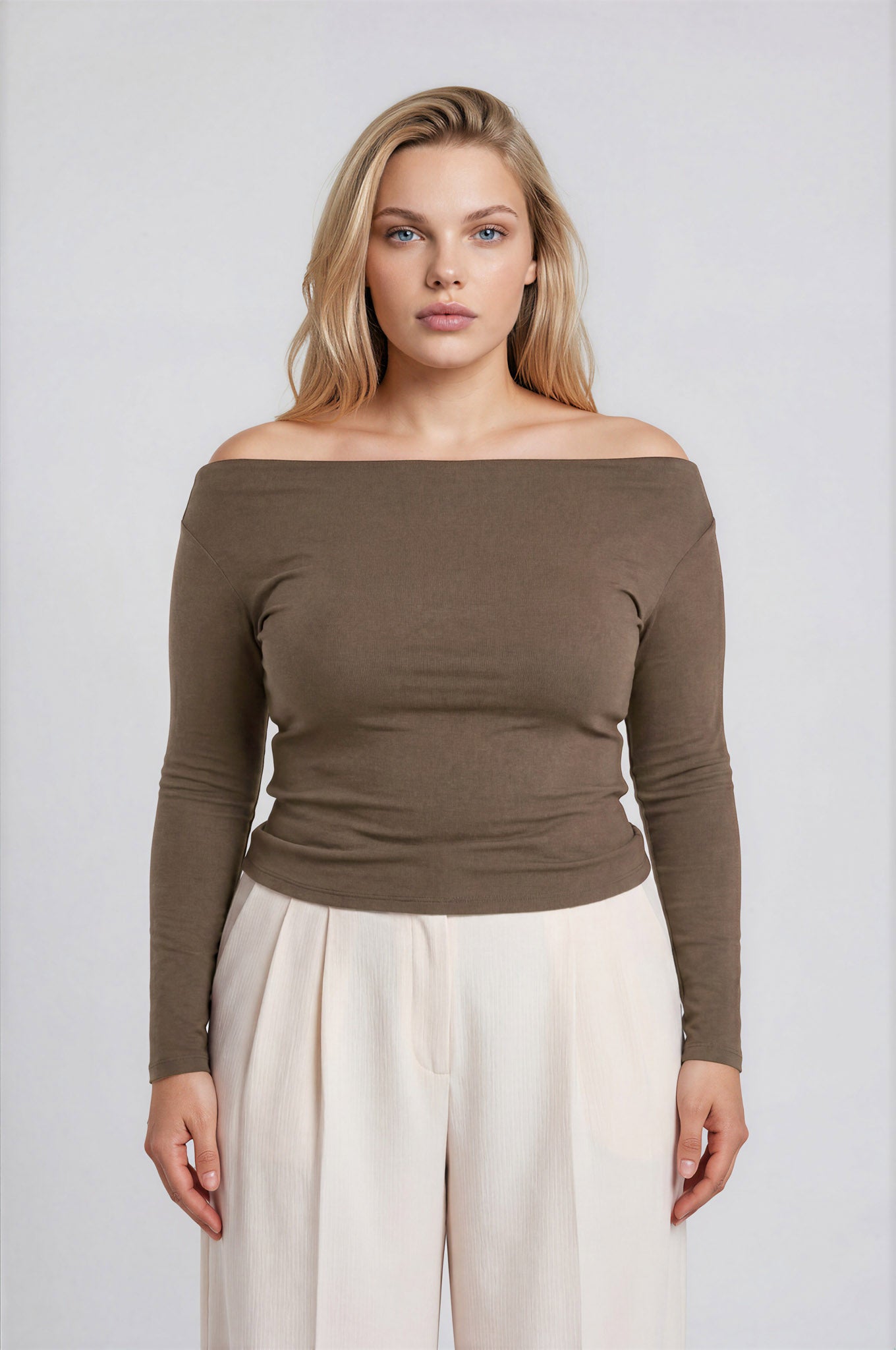 PLUS BOAT NECK PINTUCK DETAIL LONG SLEEVE KNIT TOP