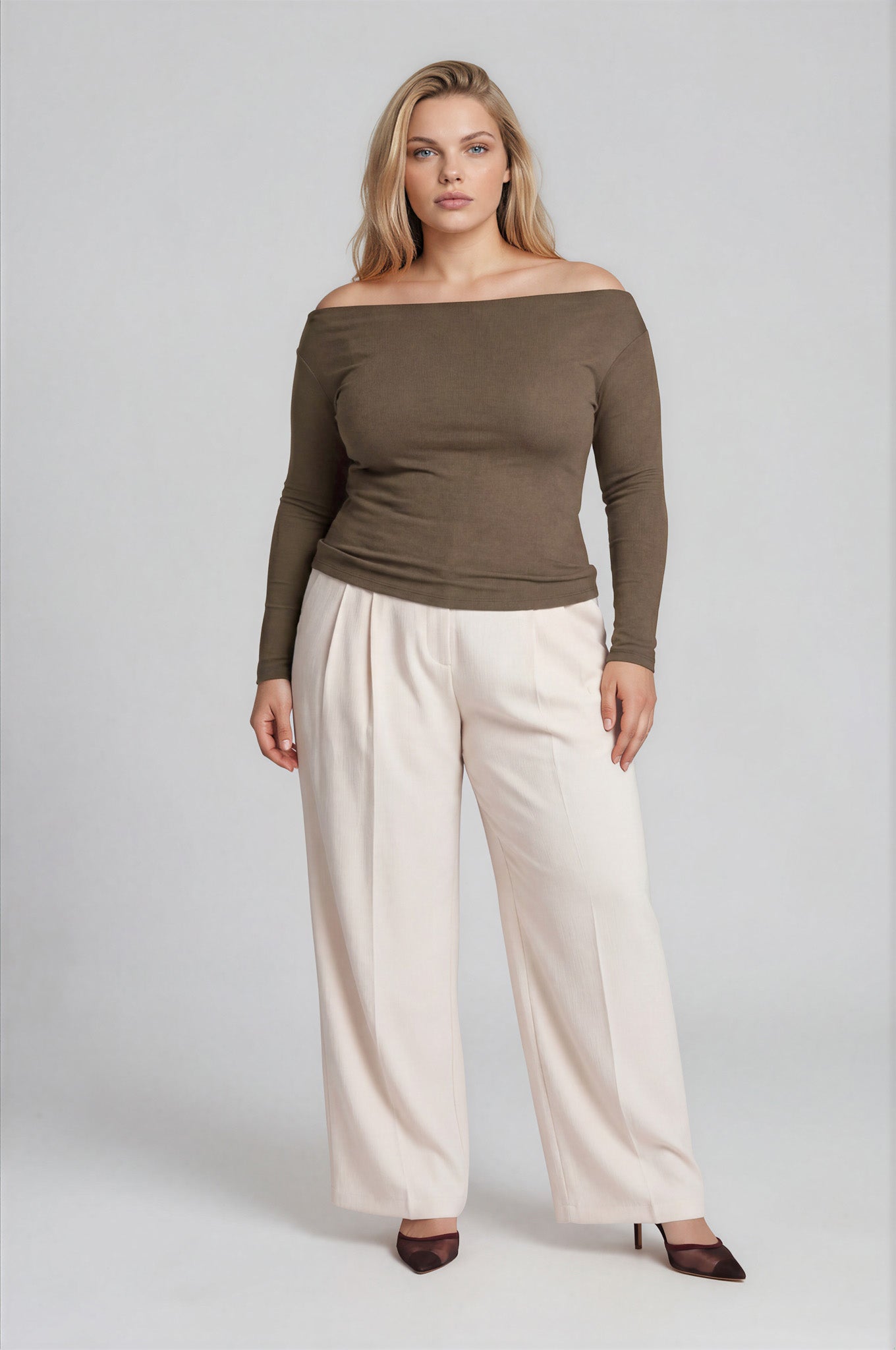 PLUS BOAT NECK PINTUCK DETAIL LONG SLEEVE KNIT TOP