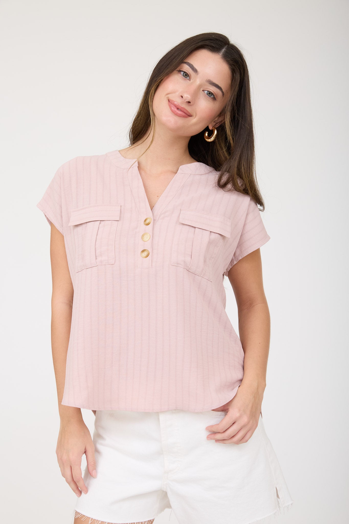 STRIPE POCKET DETAIL HALF BUTTON DOWN TOP