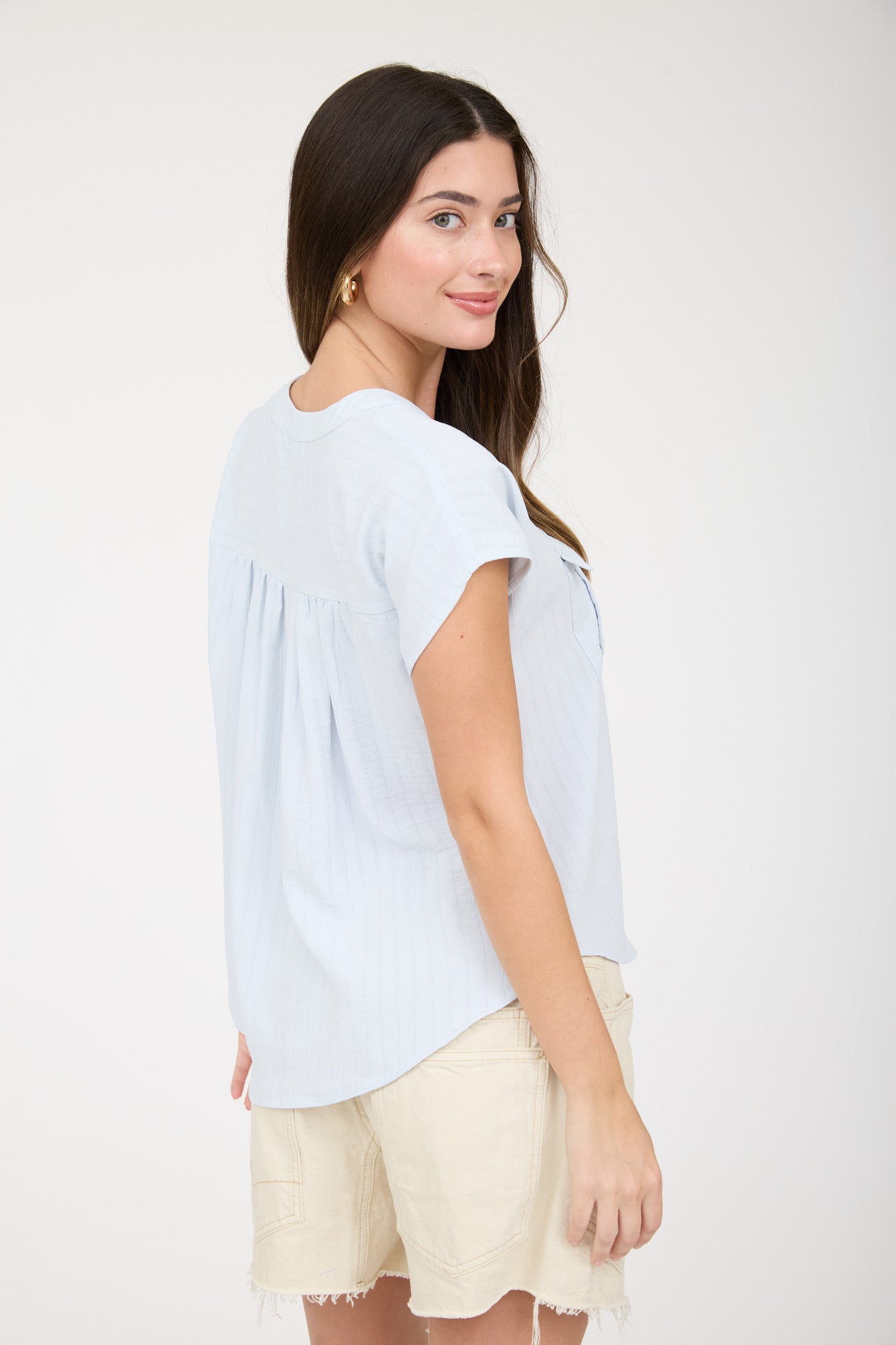 PLUS STRIPE POCKET DETAIL HALF BUTTON DOWN TOP
