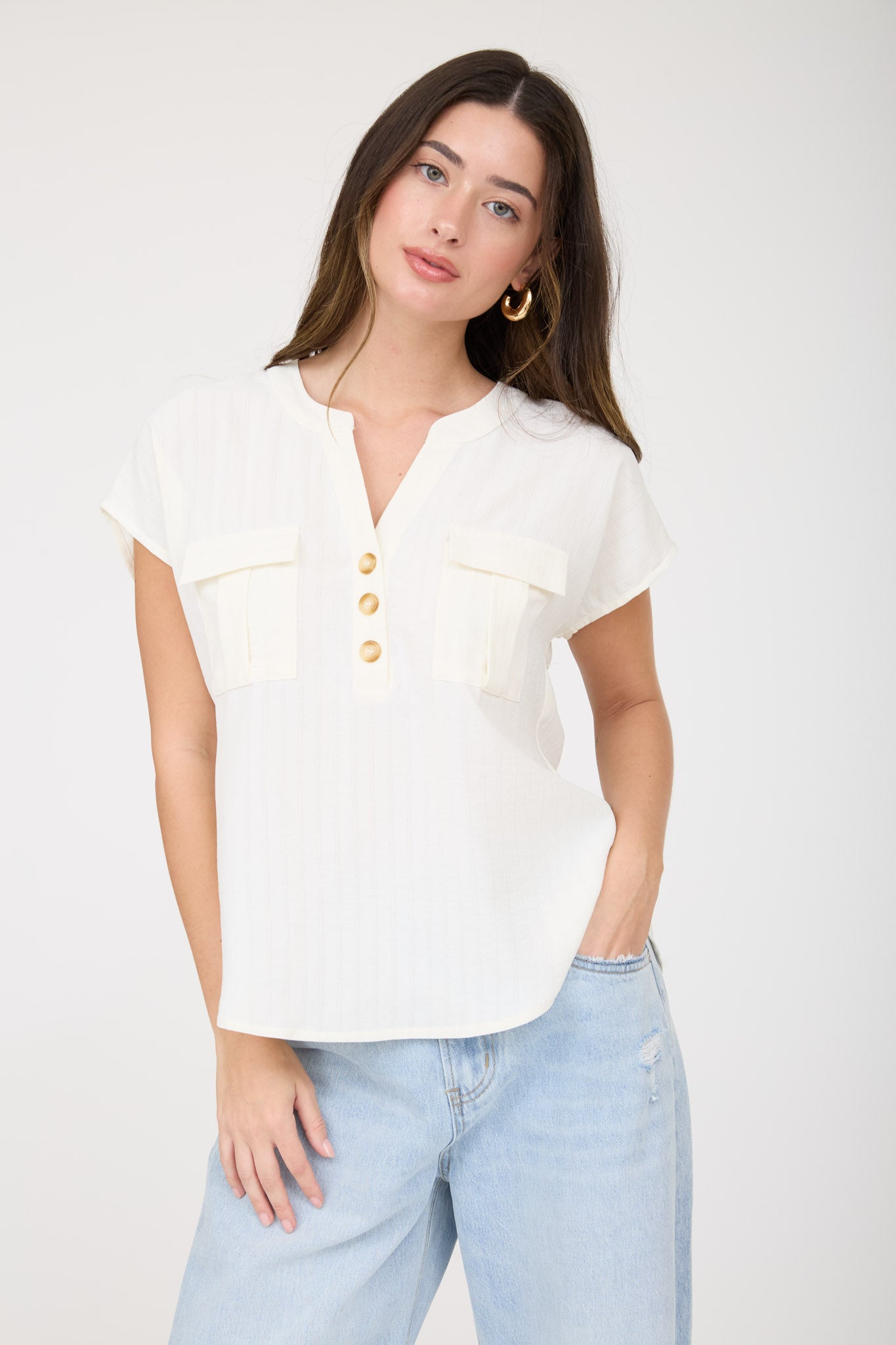STRIPE POCKET DETAIL HALF BUTTON DOWN TOP