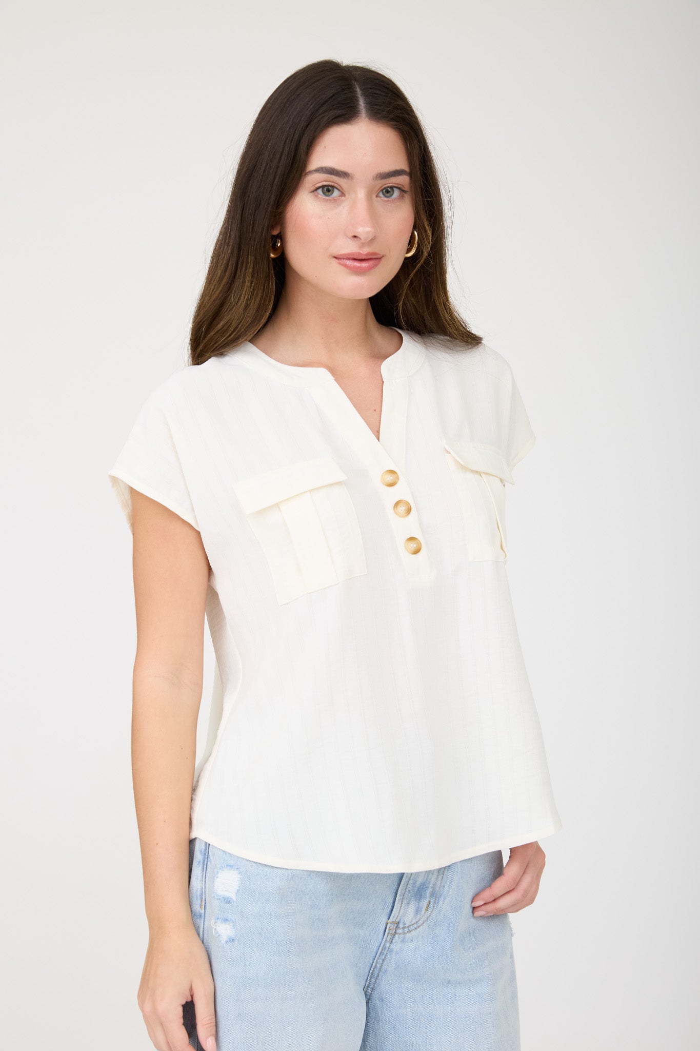 STRIPE POCKET DETAIL HALF BUTTON DOWN TOP