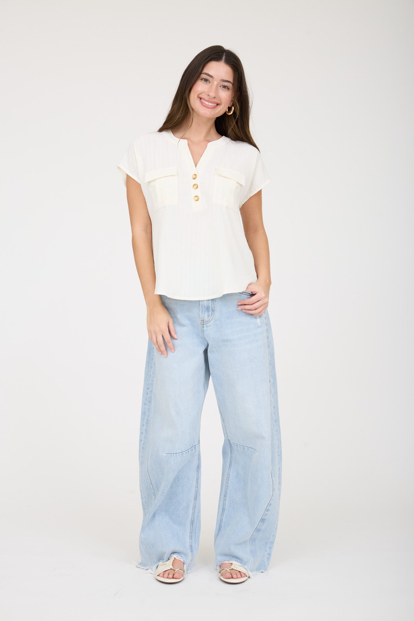 STRIPE POCKET DETAIL HALF BUTTON DOWN TOP