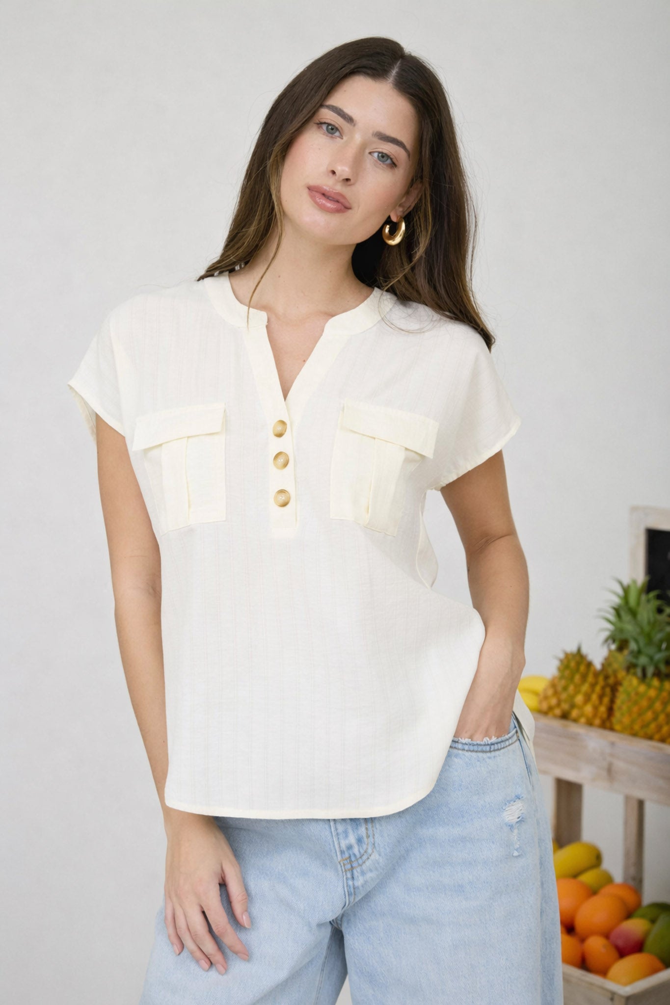 STRIPE POCKET DETAIL HALF BUTTON DOWN TOP