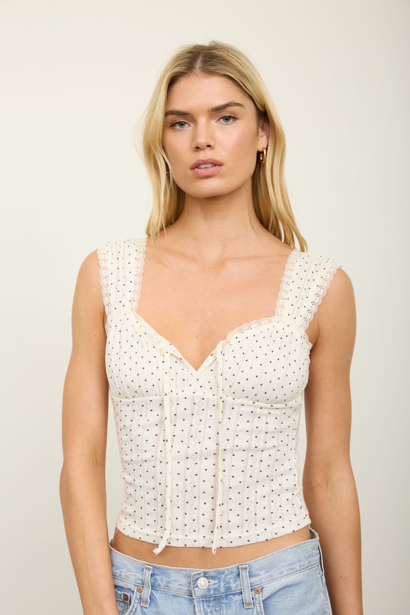 POLKA DOT POINTELLE LACE TRIM FRONT TIE KNIT TOP (PRE-ORDER)