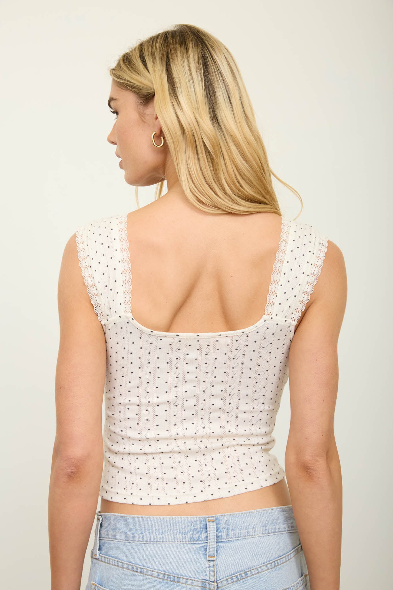 POLKA DOT POINTELLE LACE TRIM FRONT TIE KNIT TOP (PRE-ORDER)