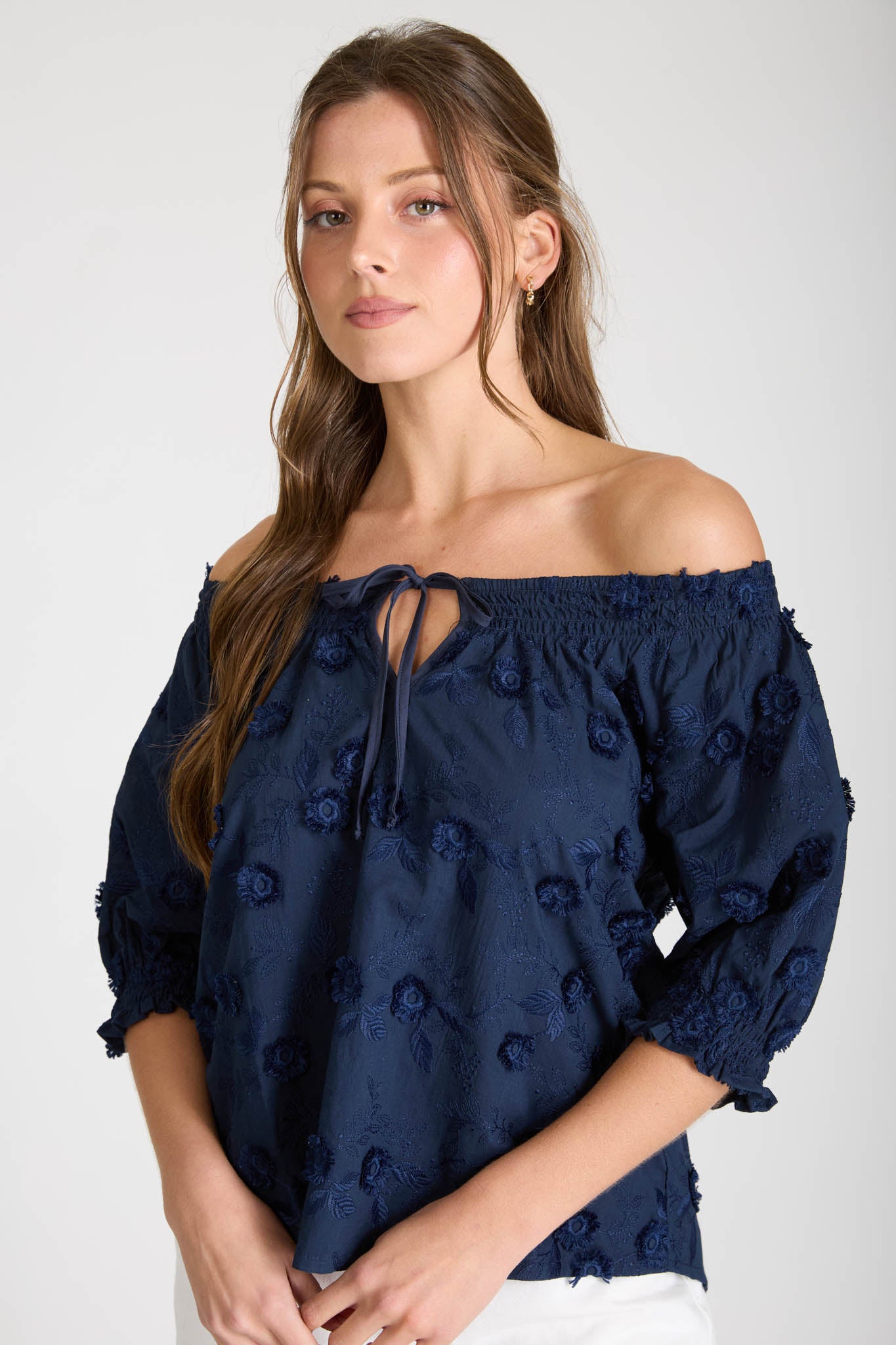 EMBROIDERED 3D FLORAL OFF THE SHOULDER BLOUSE