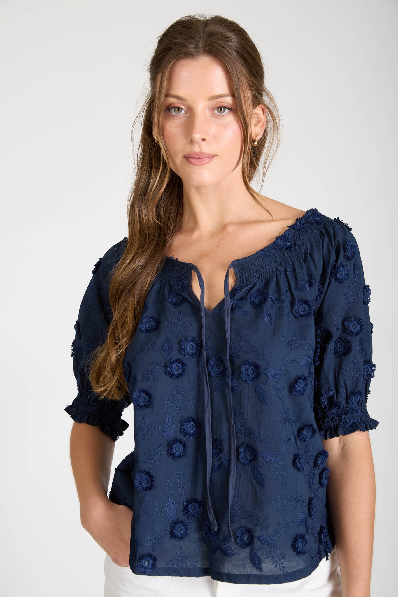 EMBROIDERED 3D FLORAL OFF THE SHOULDER BLOUSE