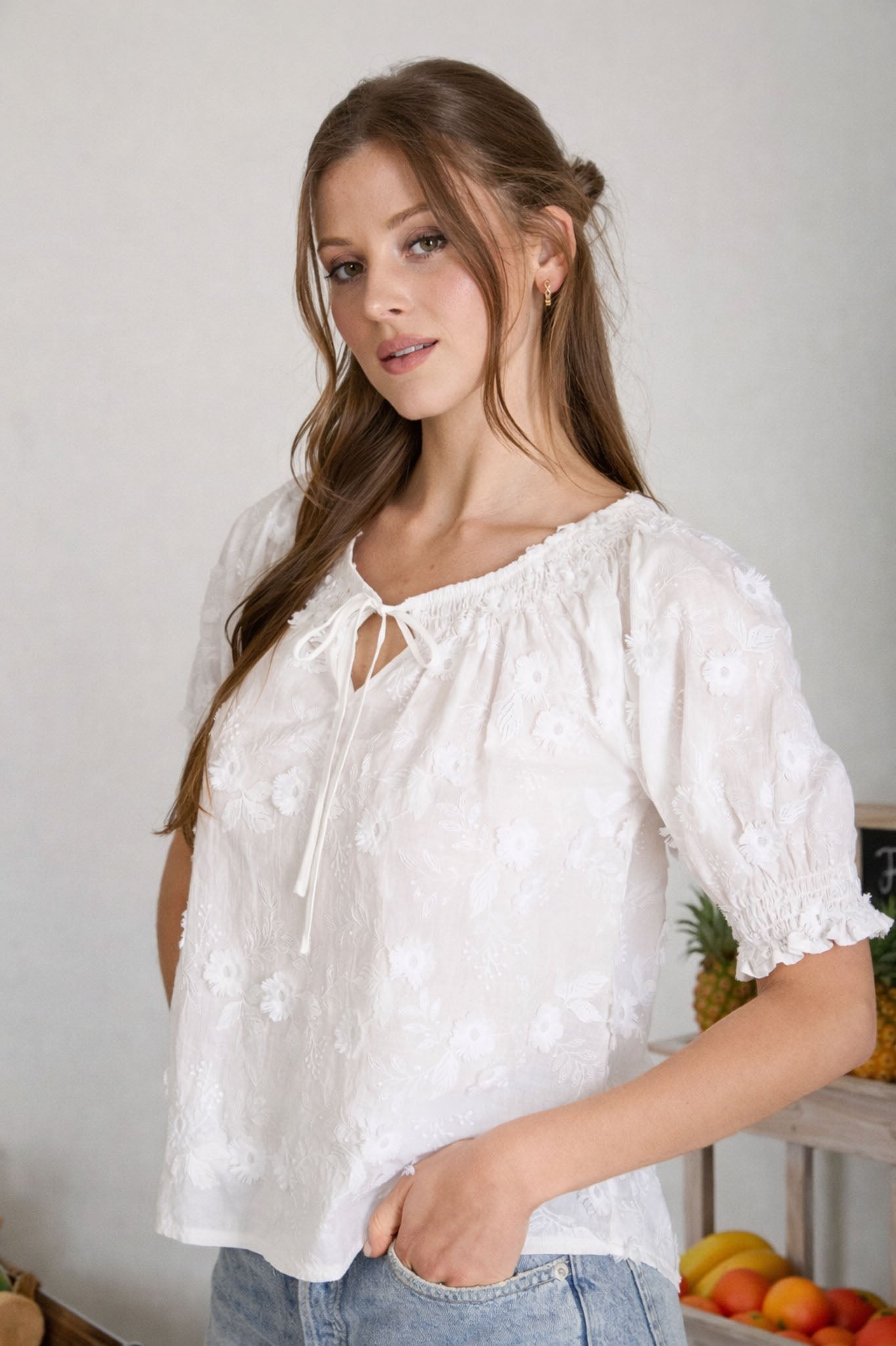 EMBROIDERED 3D FLORAL OFF THE SHOULDER BLOUSE