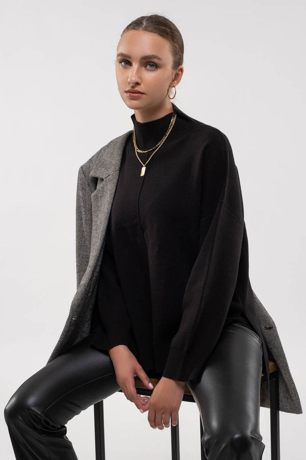 SOLID MOCK NECK SEAM FRONT KNIT SWEATER