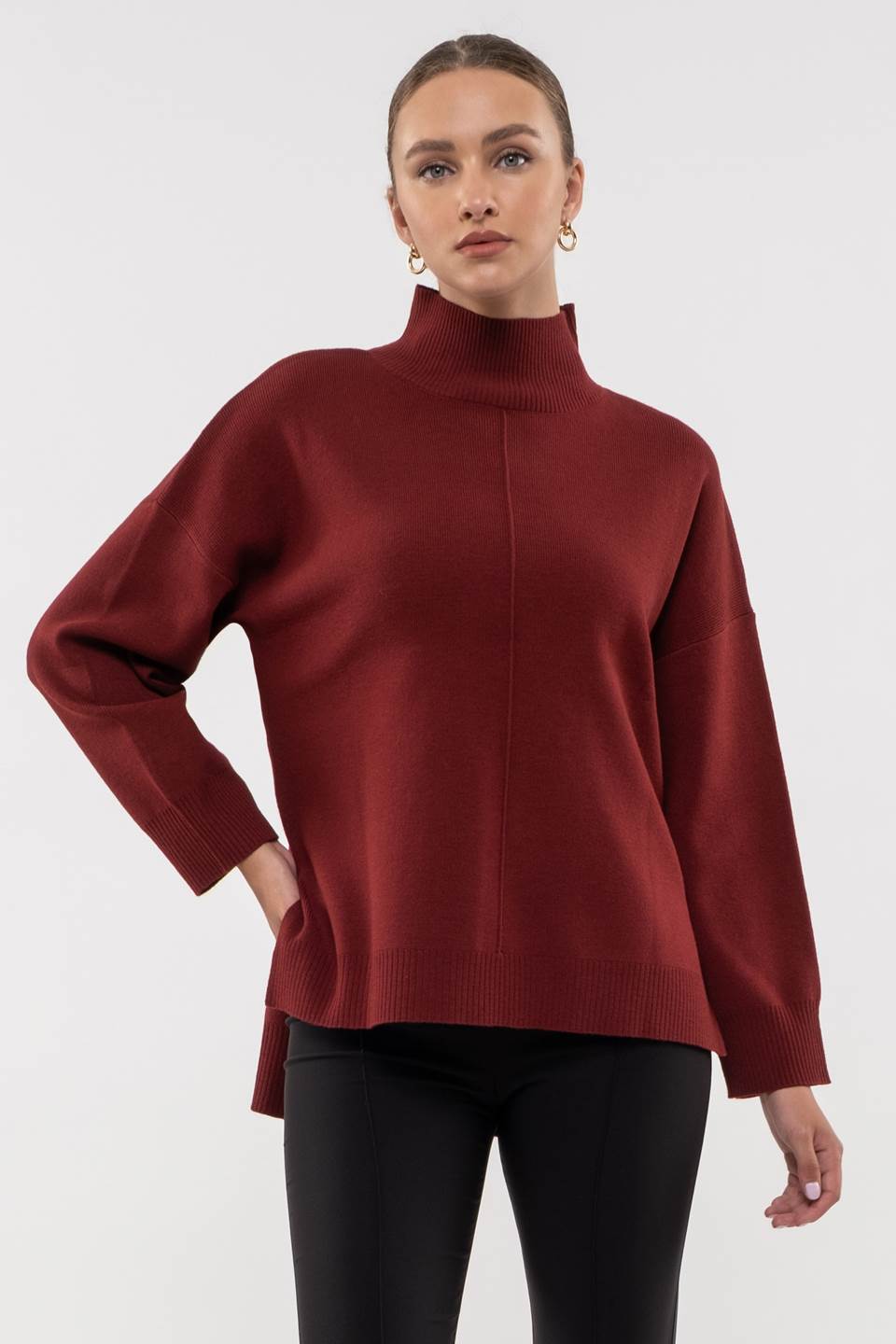 SOLID MOCK NECK SEAM FRONT KNIT SWEATER