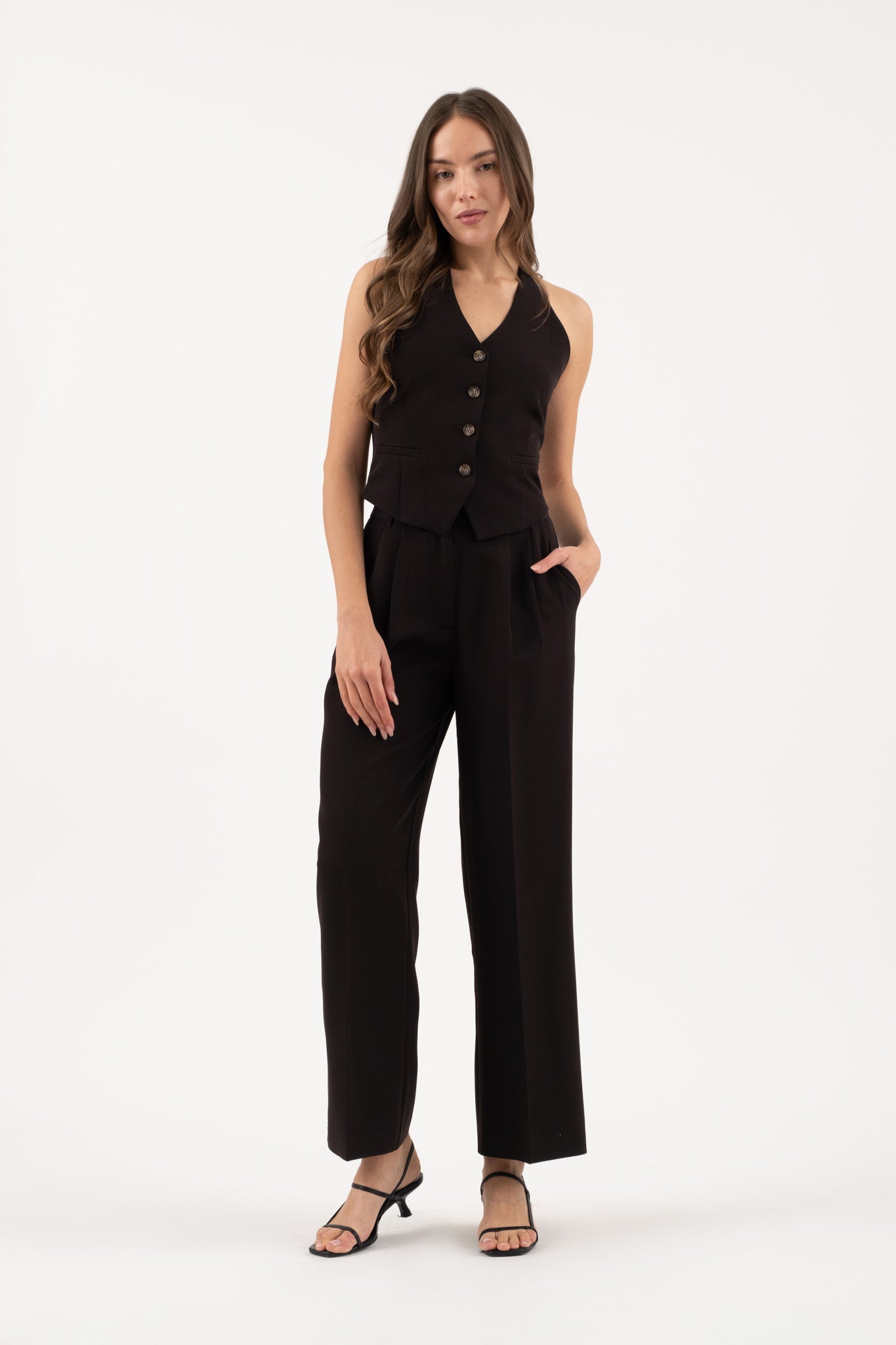 HIGH WAIST FRONT PLEAT WIDE LEG DRESS PANTS