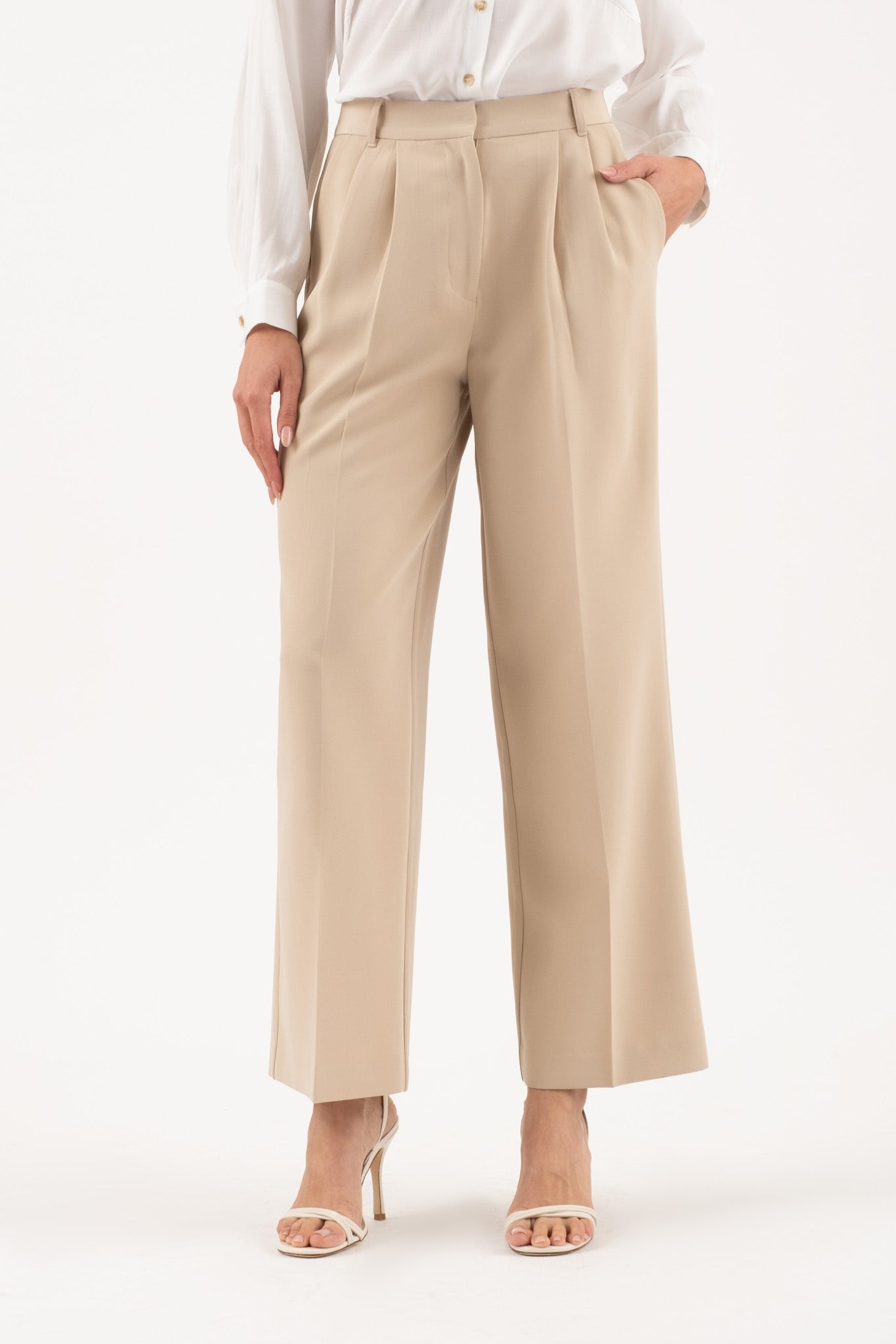 HIGH WAIST FRONT PLEAT WIDE LEG DRESS PANTS