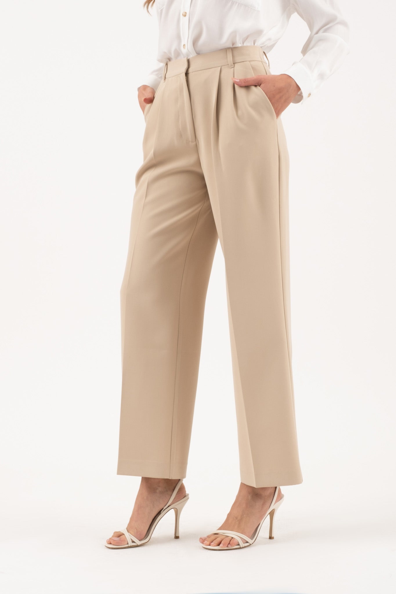 HIGH WAIST FRONT PLEAT WIDE LEG DRESS PANTS