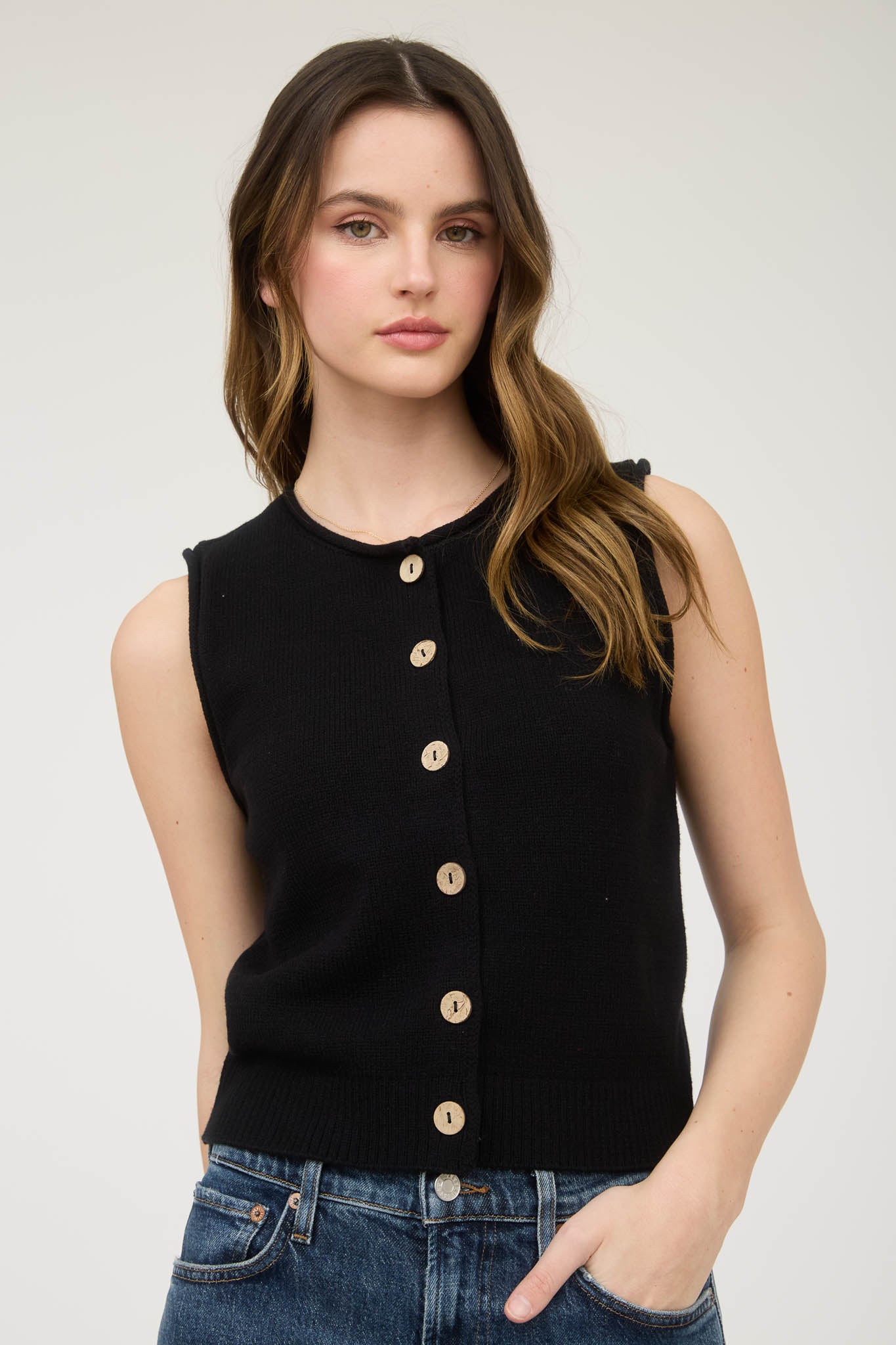 RAW EDGE BUTTON DOWN KNIT CARDIGAN VEST TOP