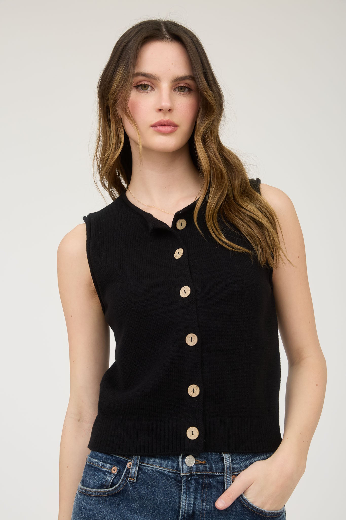 RAW EDGE BUTTON DOWN KNIT CARDIGAN VEST TOP