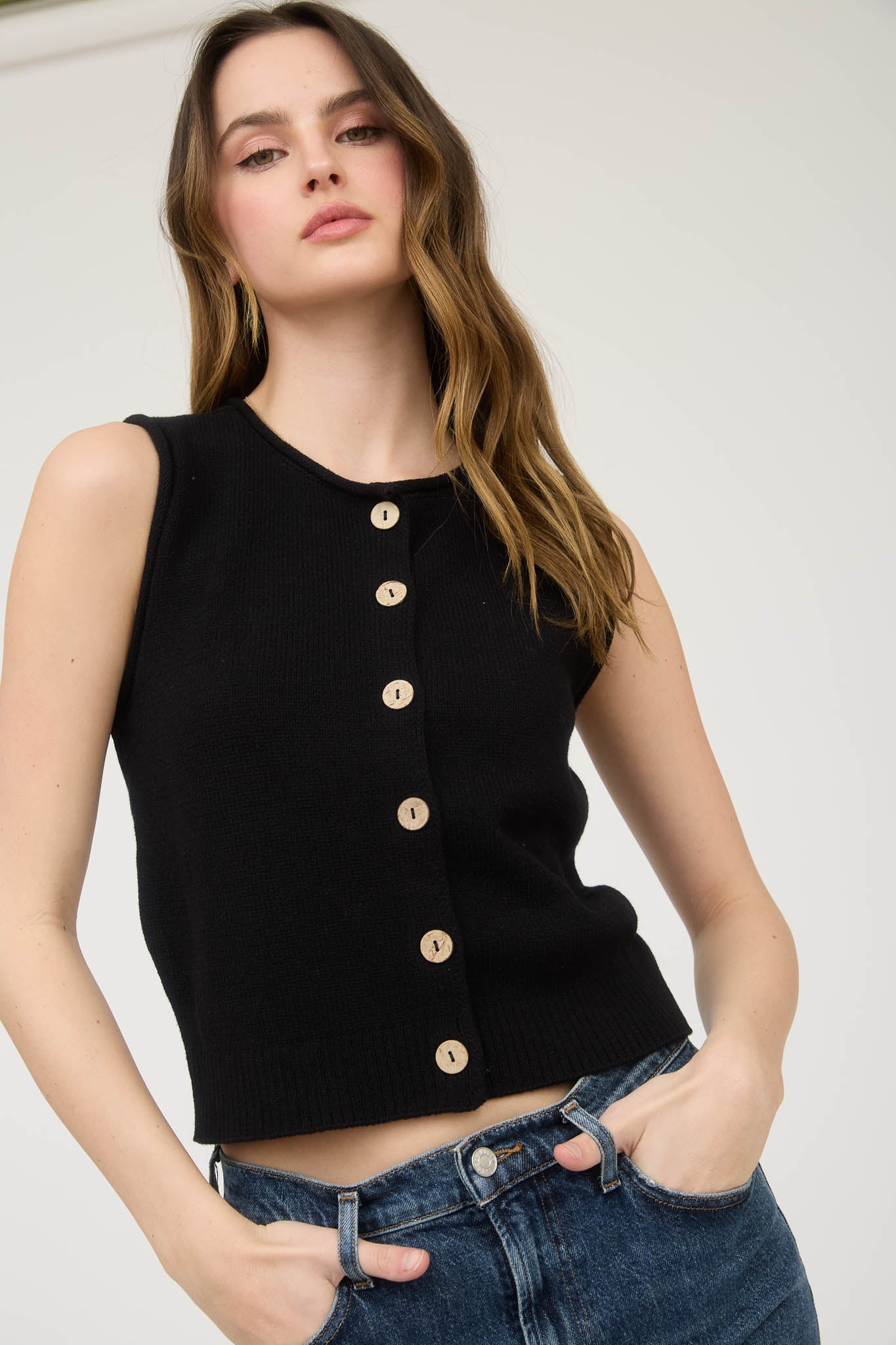 RAW EDGE BUTTON DOWN KNIT CARDIGAN VEST TOP
