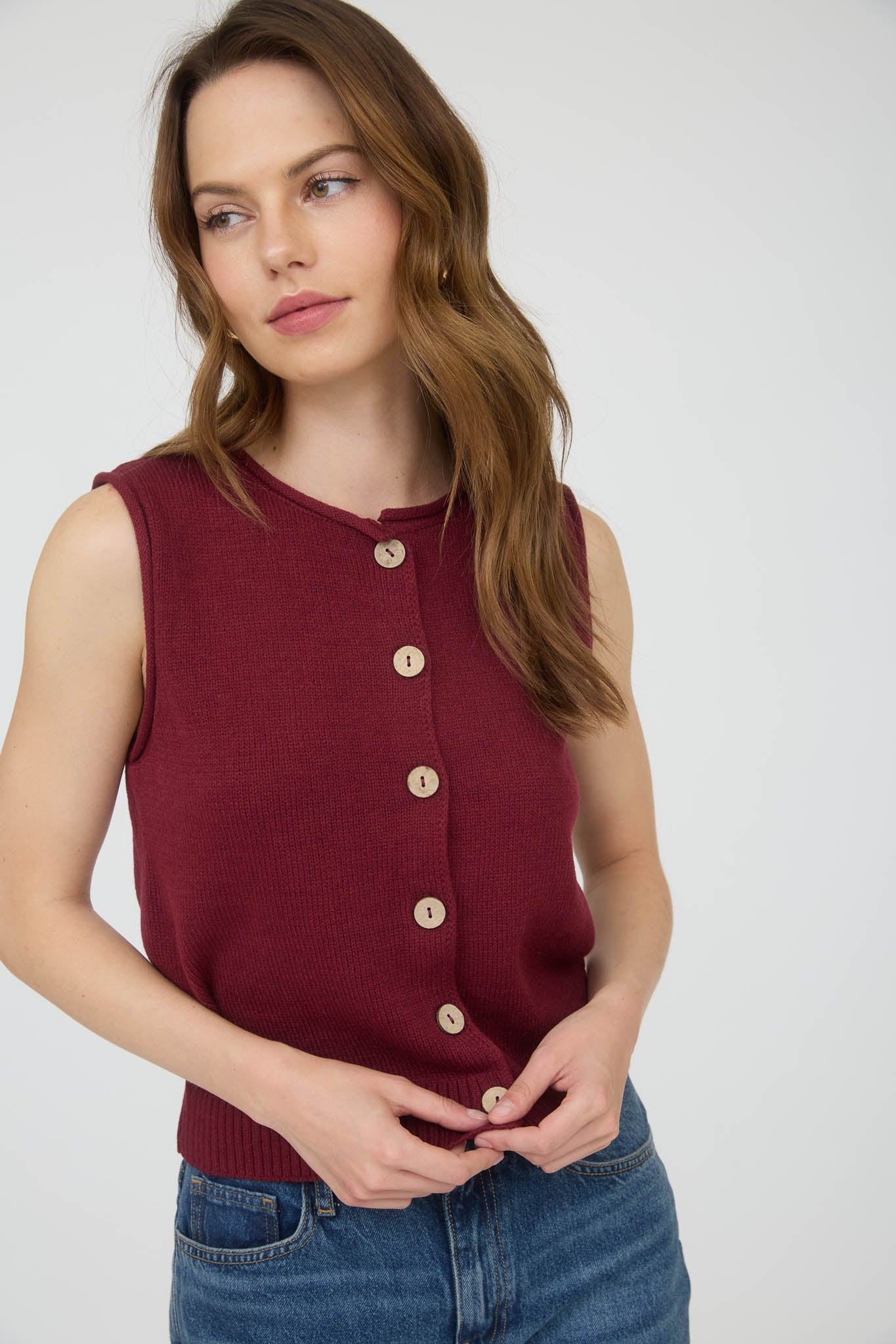 RAW EDGE BUTTON DOWN KNIT CARDIGAN VEST TOP