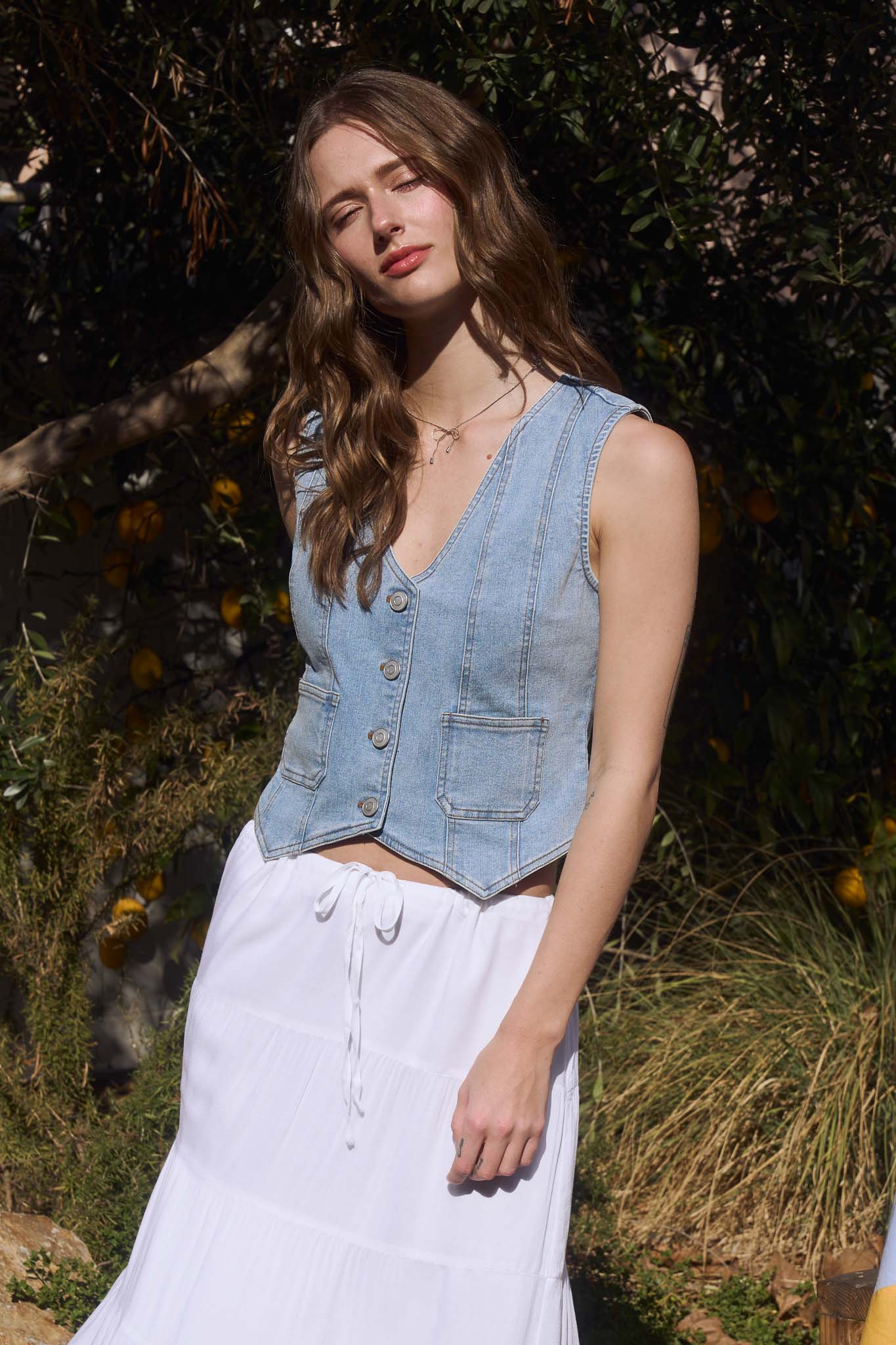 V NECK BUTTON DOWN DENIM VEST (PRE-ORDER)