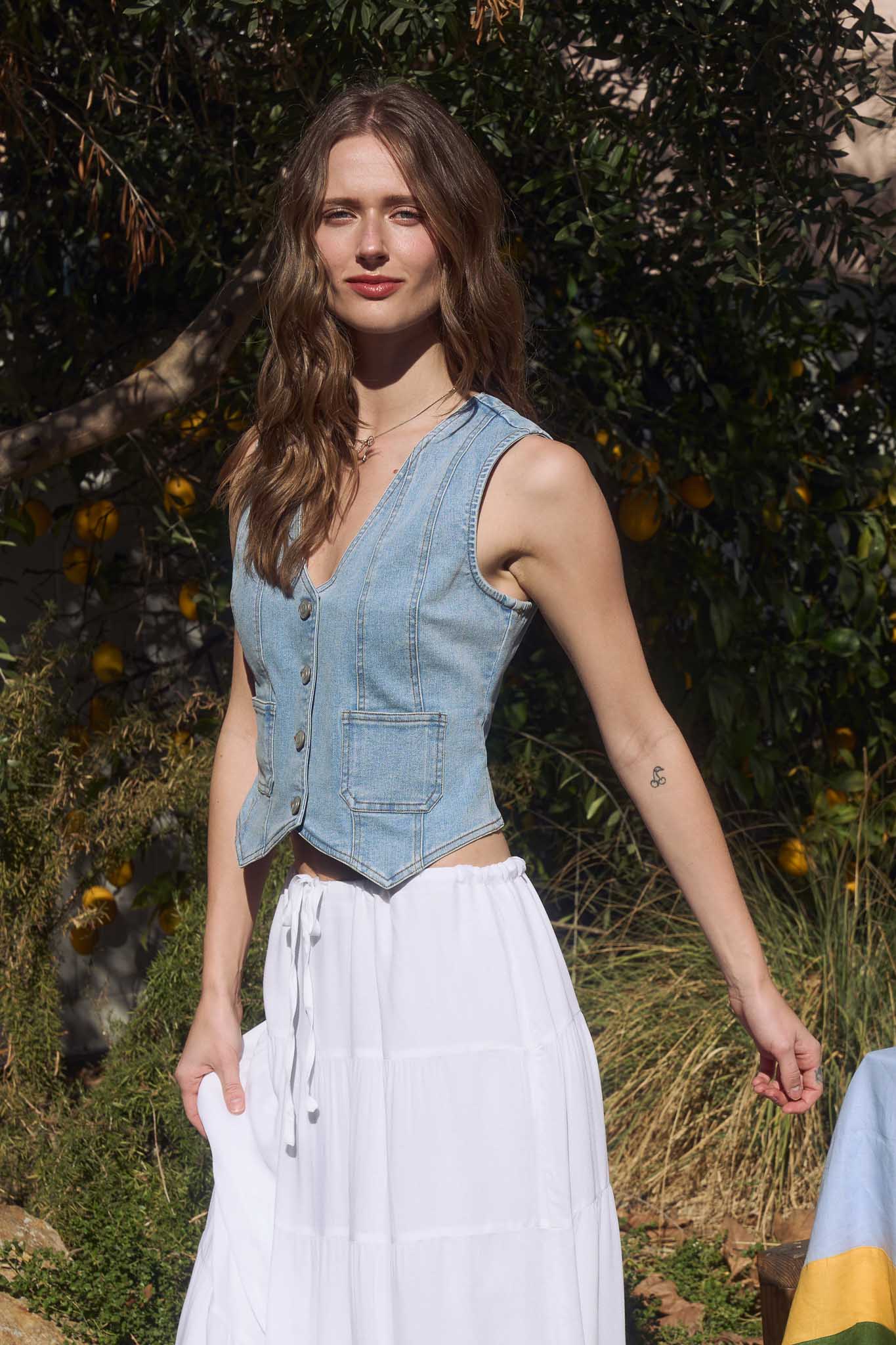 V NECK BUTTON DOWN DENIM VEST (PRE-ORDER)