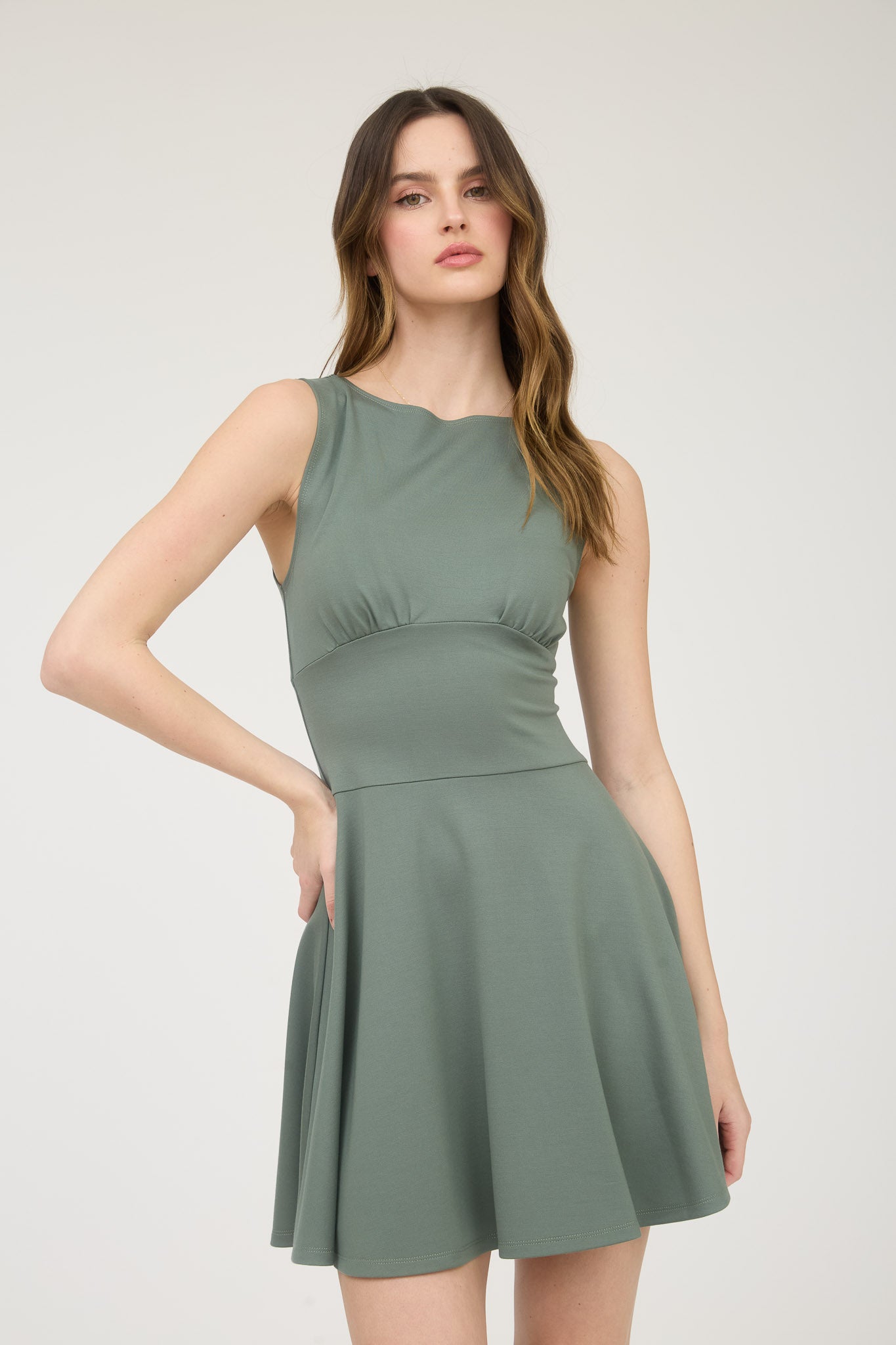 SLEEVELESS WAIST DETAIL FLARE MINI DRESS