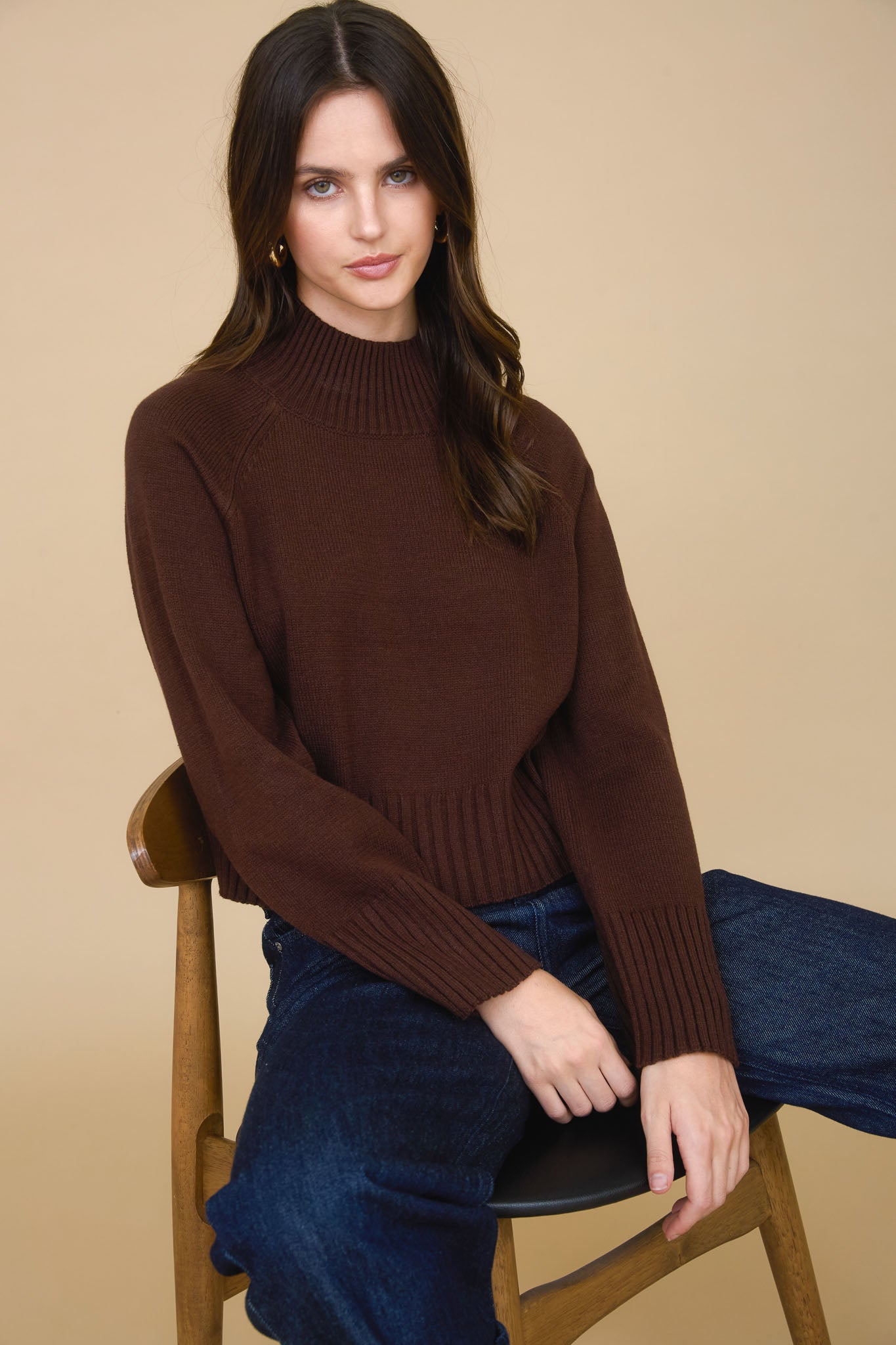 MOCK NECK LONG SLEEVE KNIT CROPPED PULLOVER