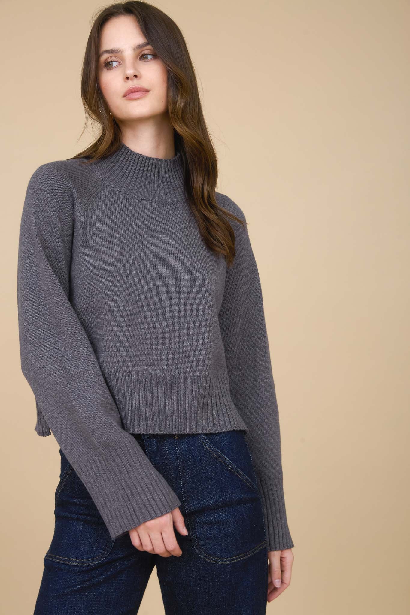 MOCK NECK LONG SLEEVE KNIT CROPPED PULLOVER