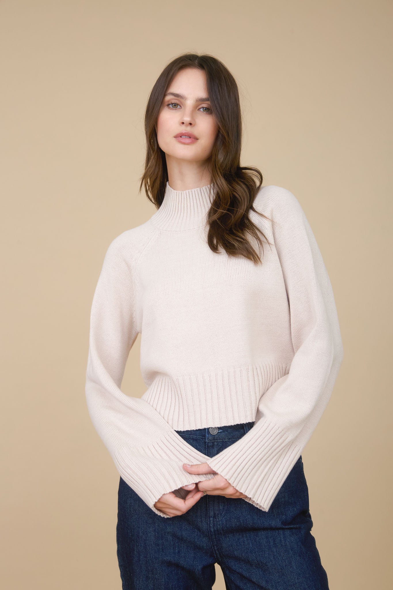 MOCK NECK LONG SLEEVE KNIT CROPPED PULLOVER