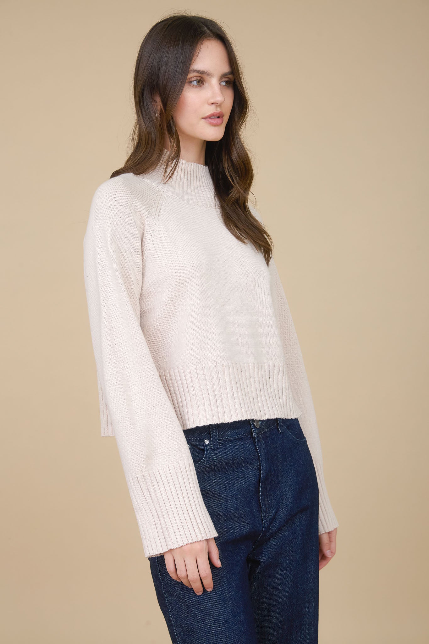 MOCK NECK LONG SLEEVE KNIT CROPPED PULLOVER